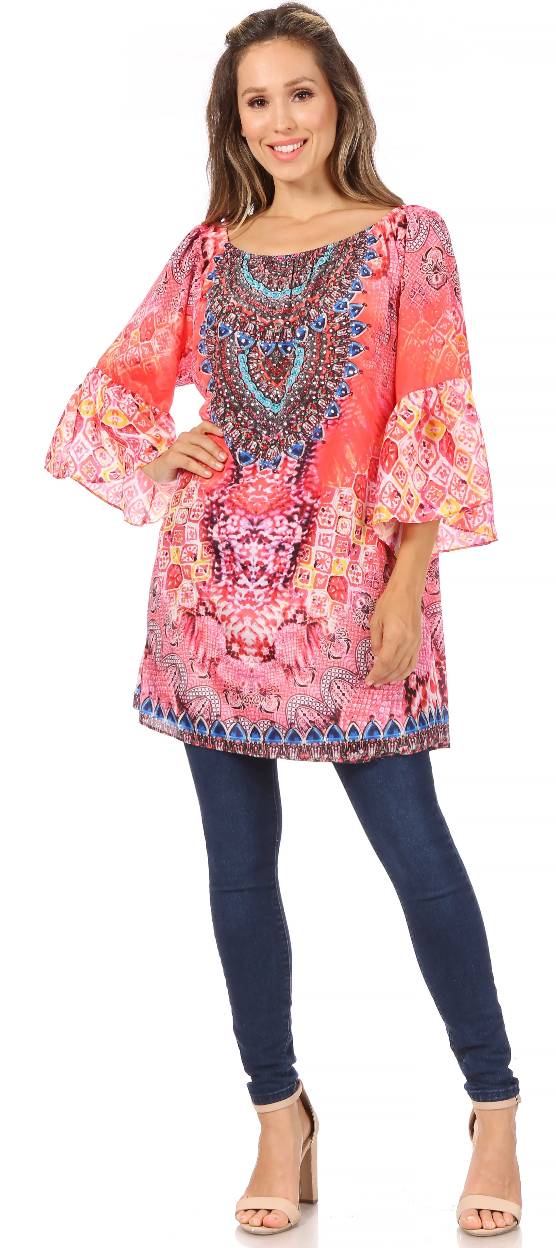 Sakkas Inna Colorful Shift Dress Tunic with Bell Ruffled Sleeves & Rhinestones - Image 20