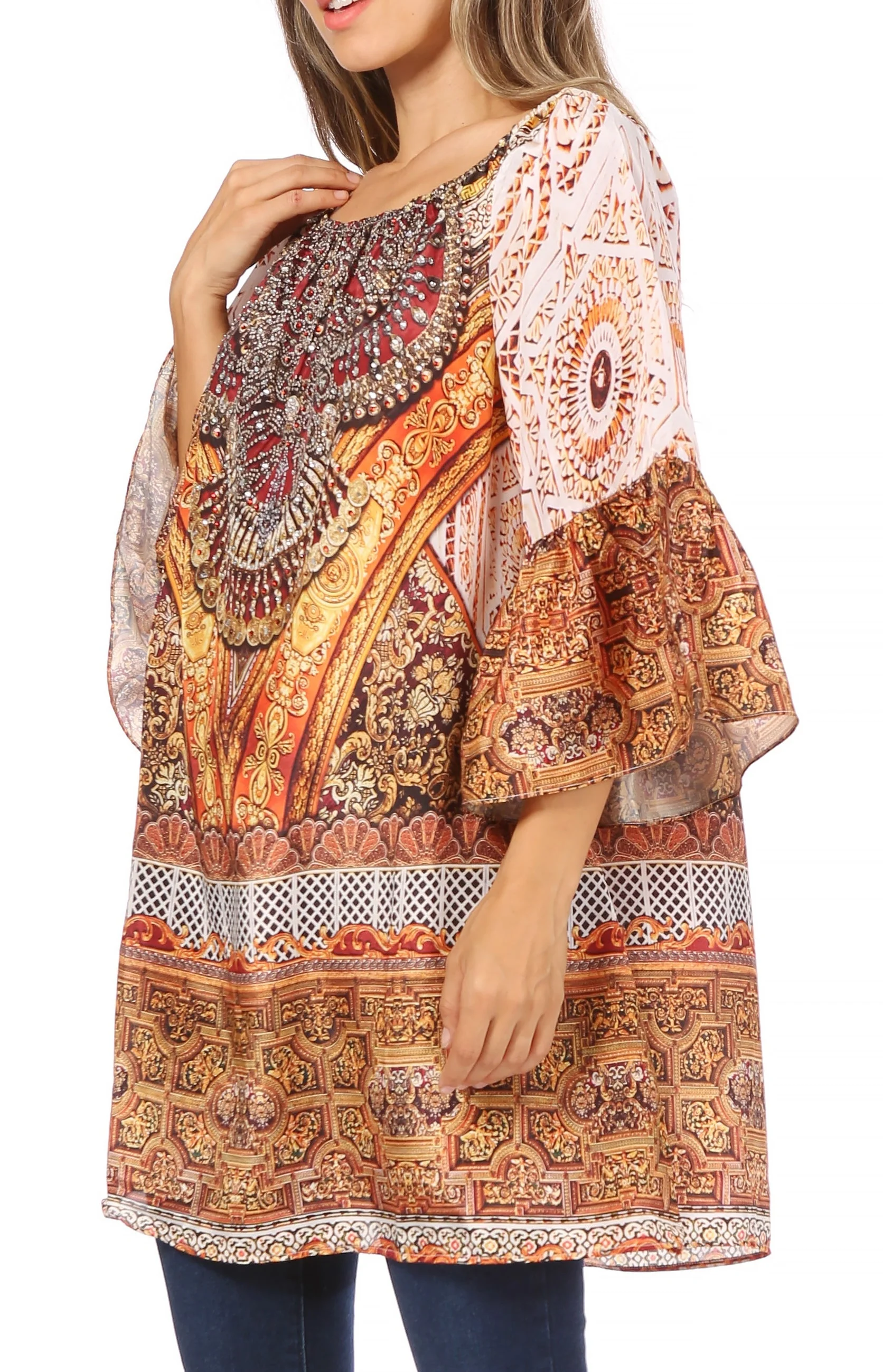 Sakkas Inna Colorful Shift Dress Tunic with Bell Ruffled Sleeves & Rhinestones - Image 28