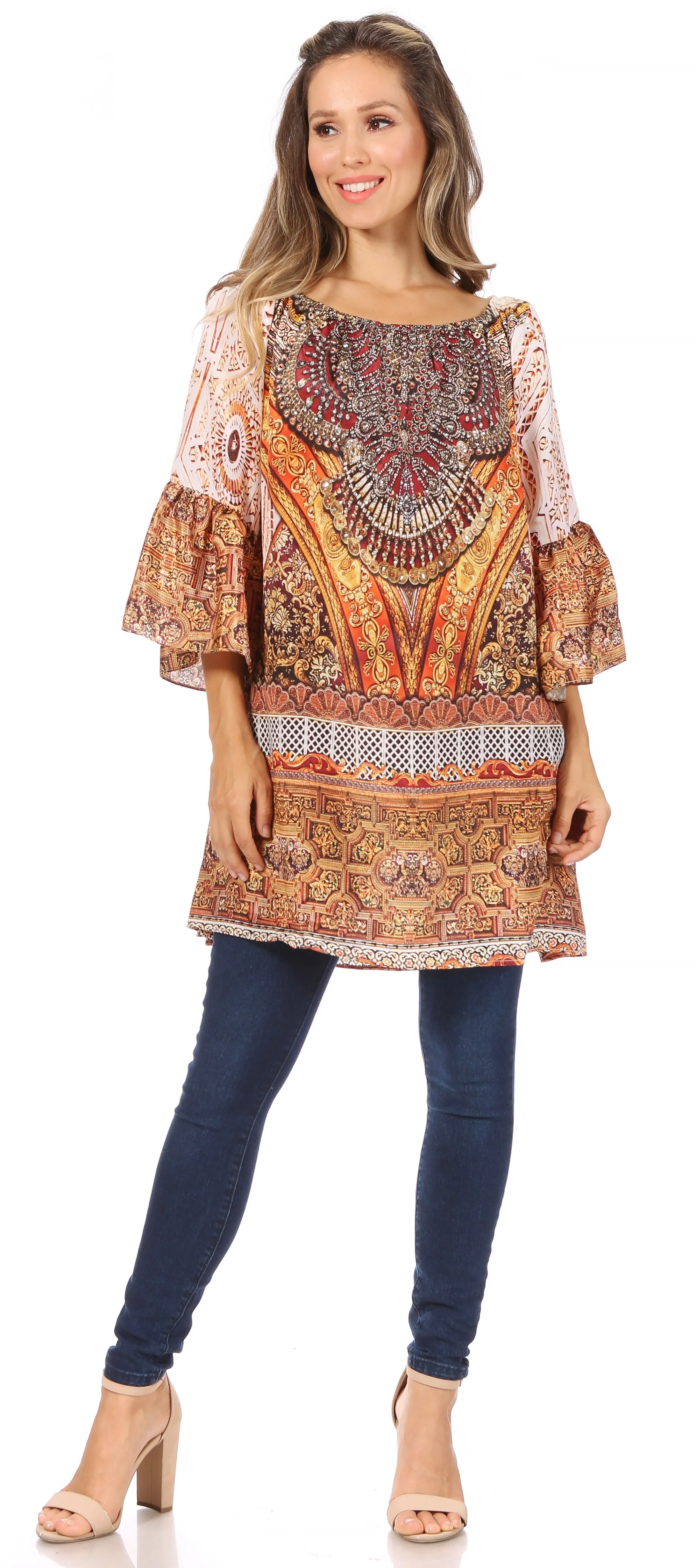 Sakkas Inna Colorful Shift Dress Tunic with Bell Ruffled Sleeves & Rhinestones - Image 30