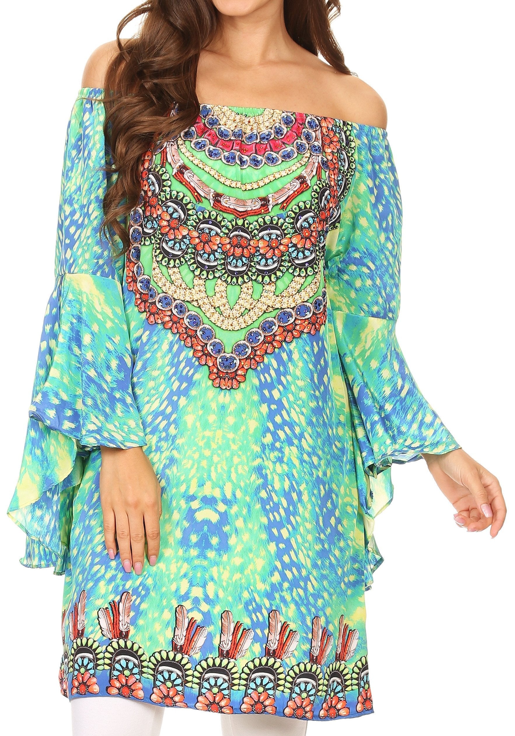 Sakkas Inna Colorful Shift Dress Tunic with Bell Ruffled Sleeves & Rhinestones - Image 6