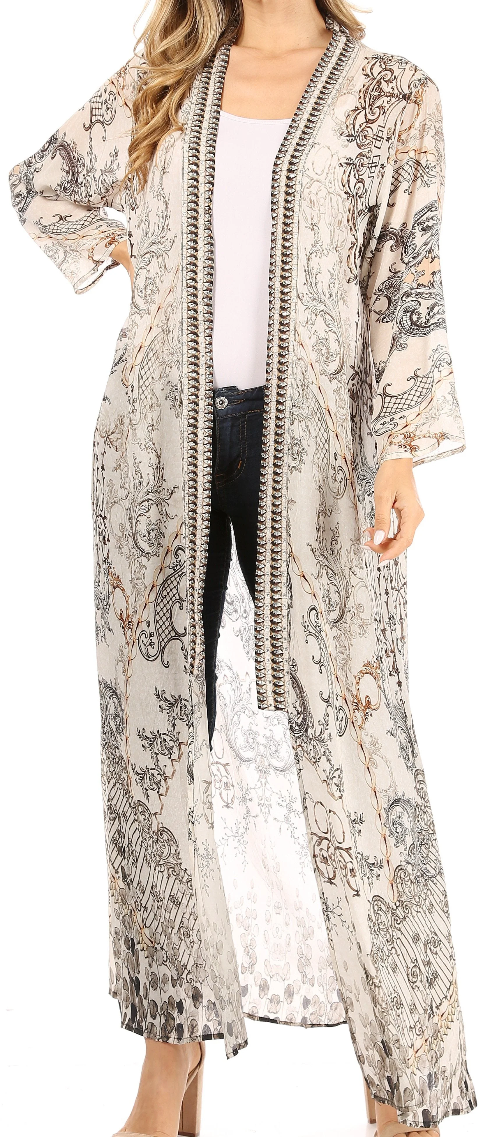 Sakkas Iona Women's Casual Boho Long Kimono Cardigan Open Front Floral Print Loose - Image 11