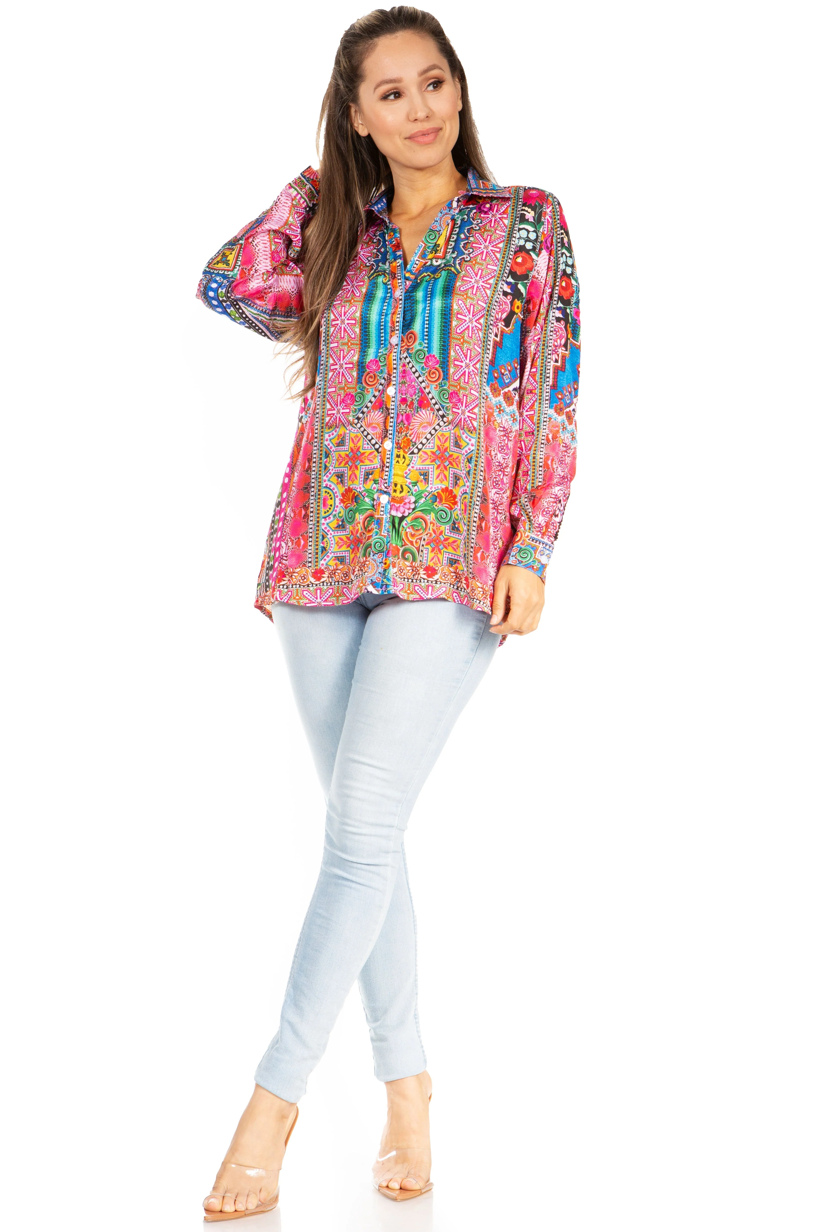 Sakkas Iriss Women's Floral Casual Long Sleeve Boho Summer Blouse - Image 10