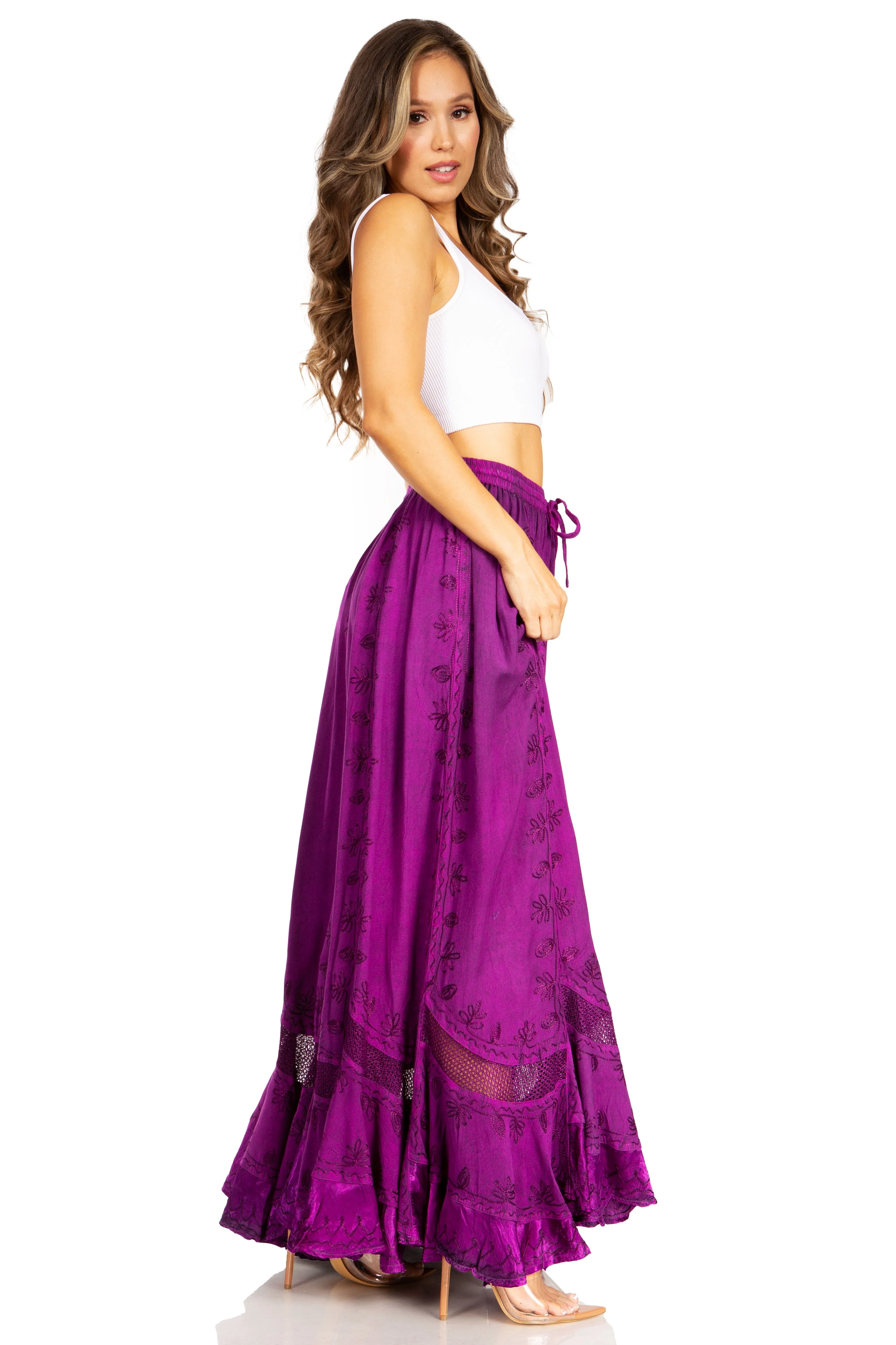 Sakkas Ivy Second Women's Maxi Boho Elastic Waist Embroidered A Line Long Skirt - Image 24