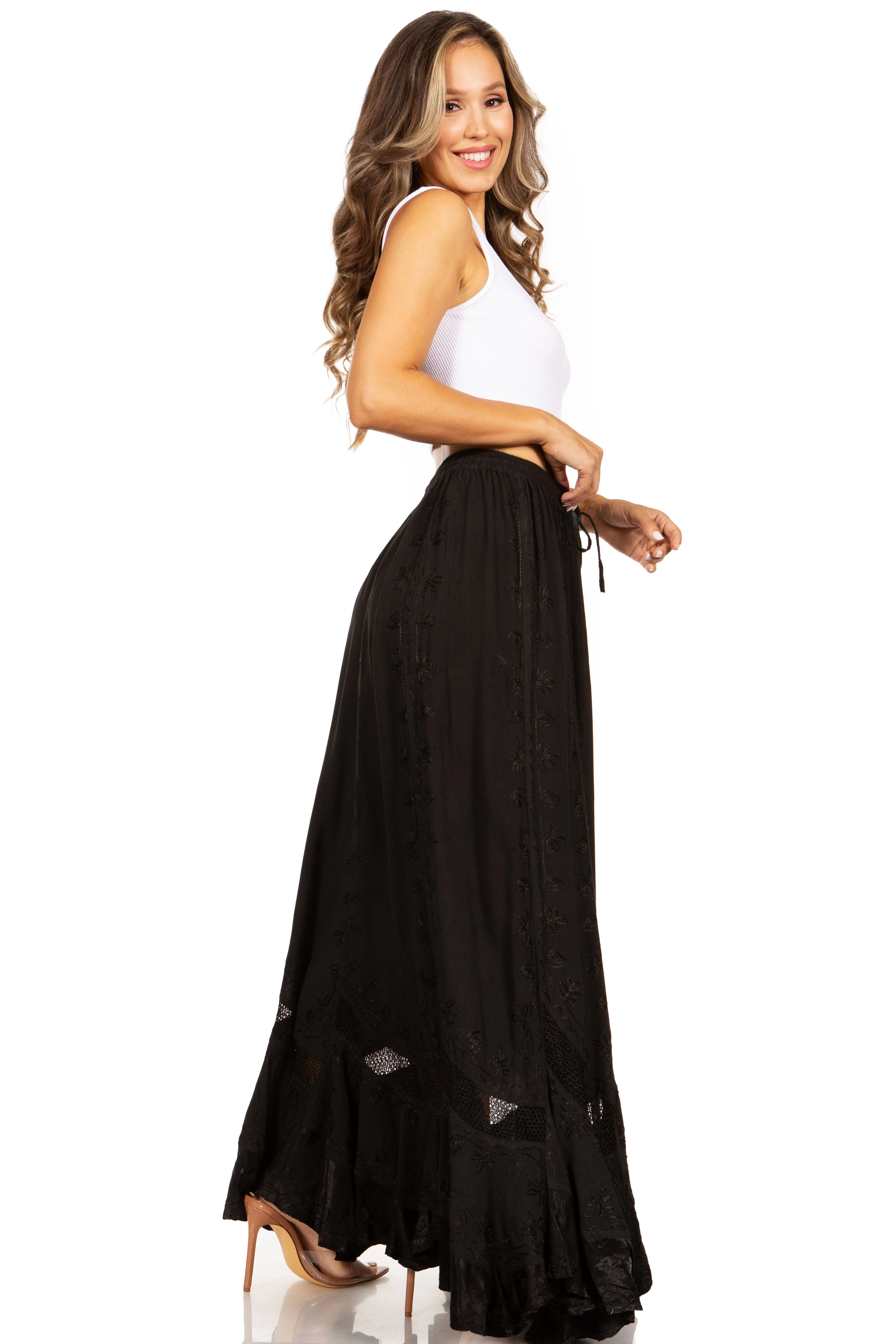 Sakkas Ivy Second Women's Maxi Boho Elastic Waist Embroidered A Line Long Skirt - Image 4