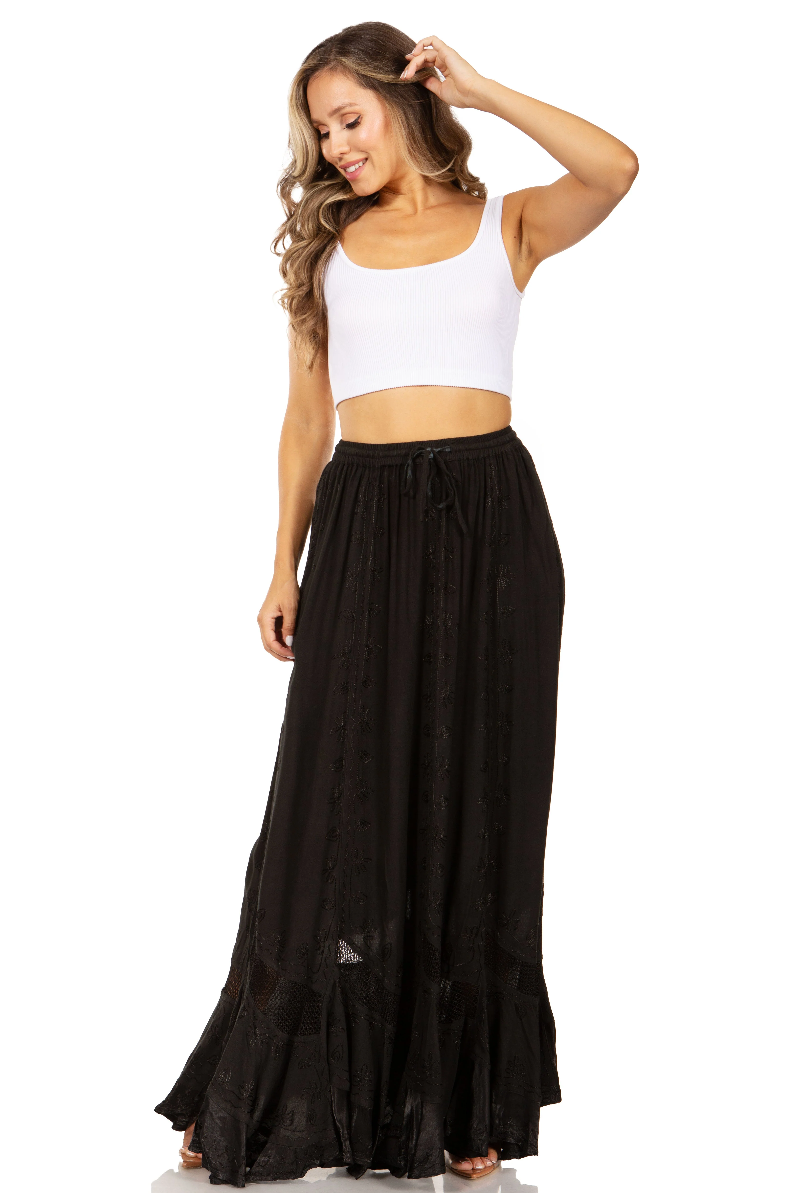 Sakkas Ivy Second Women's Maxi Boho Elastic Waist Embroidered A Line Long Skirt - Image 5