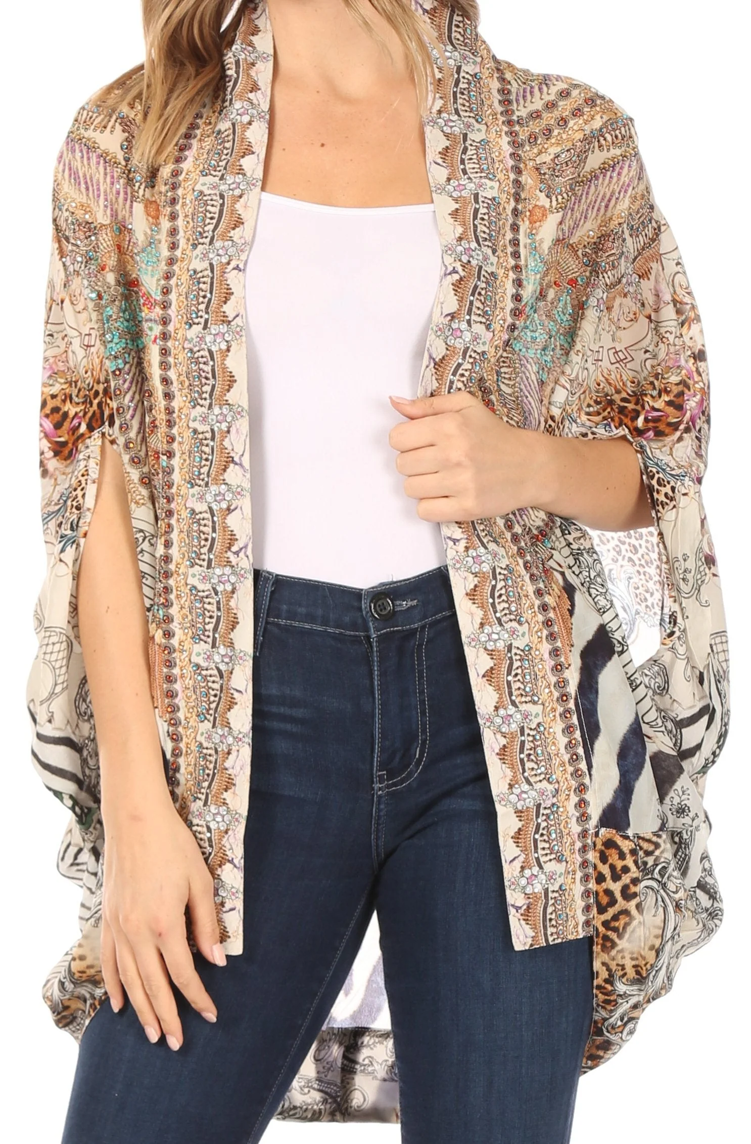 Sakkas Jenna Women's Casual Boho Sheer Kimono Loose Cardigan Cape Trendy Printed - Image 11