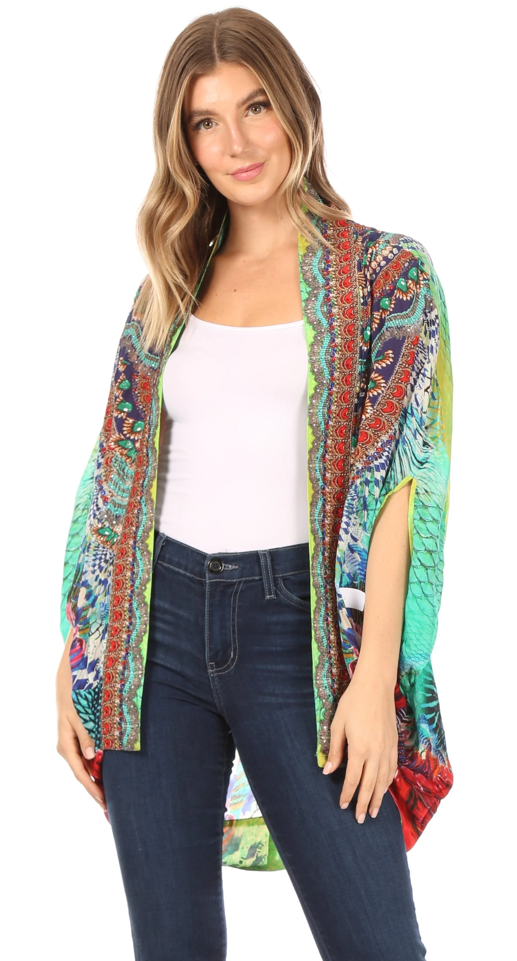 Sakkas Jenna Women's Casual Boho Sheer Kimono Loose Cardigan Cape Trendy Printed - Image 5