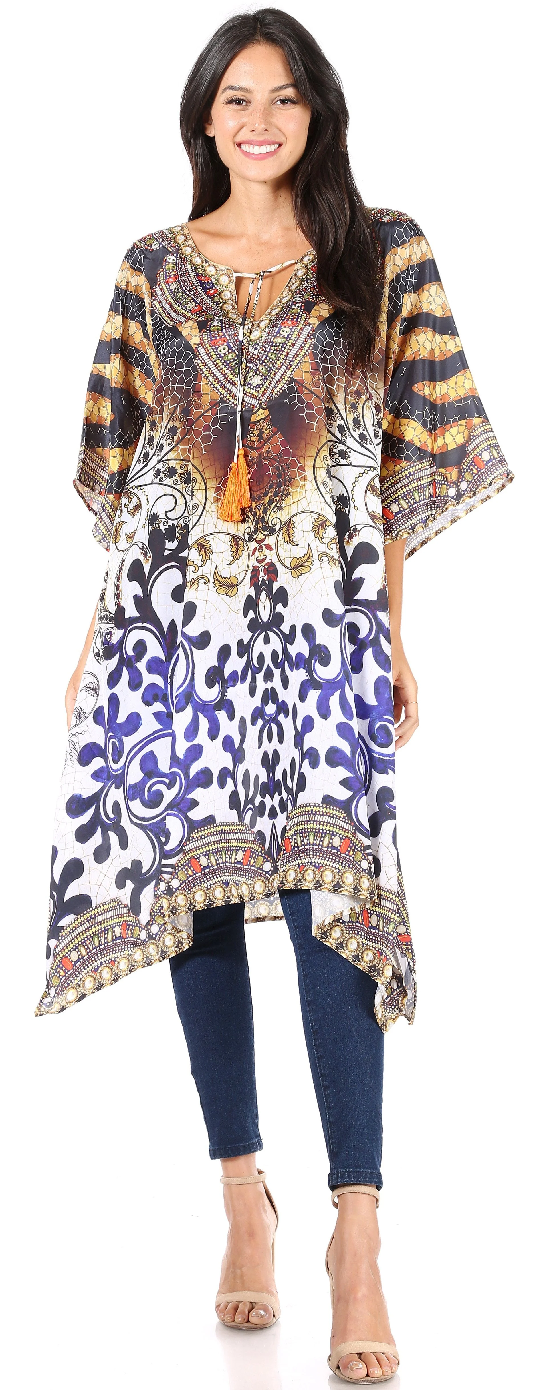 Sakkas Jenni Women's Mid Length Boho Caftan Kaftan Dress Cover up Flowy Rhinestone - Image 20