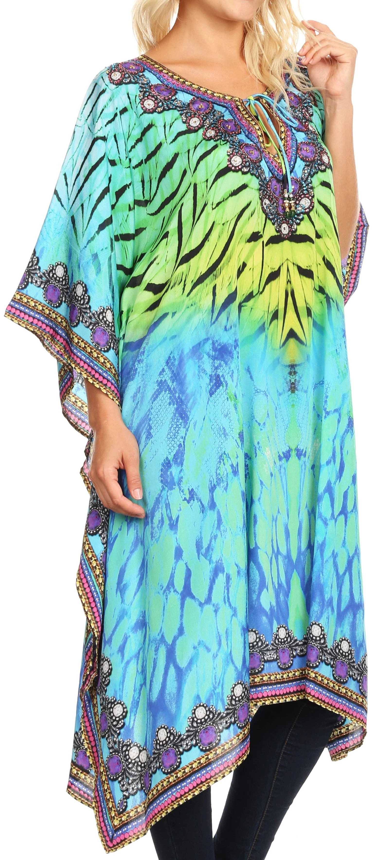 Sakkas Jenni Women's Mid Length Boho Caftan Kaftan Dress Cover up Flowy Rhinestone - Image 29