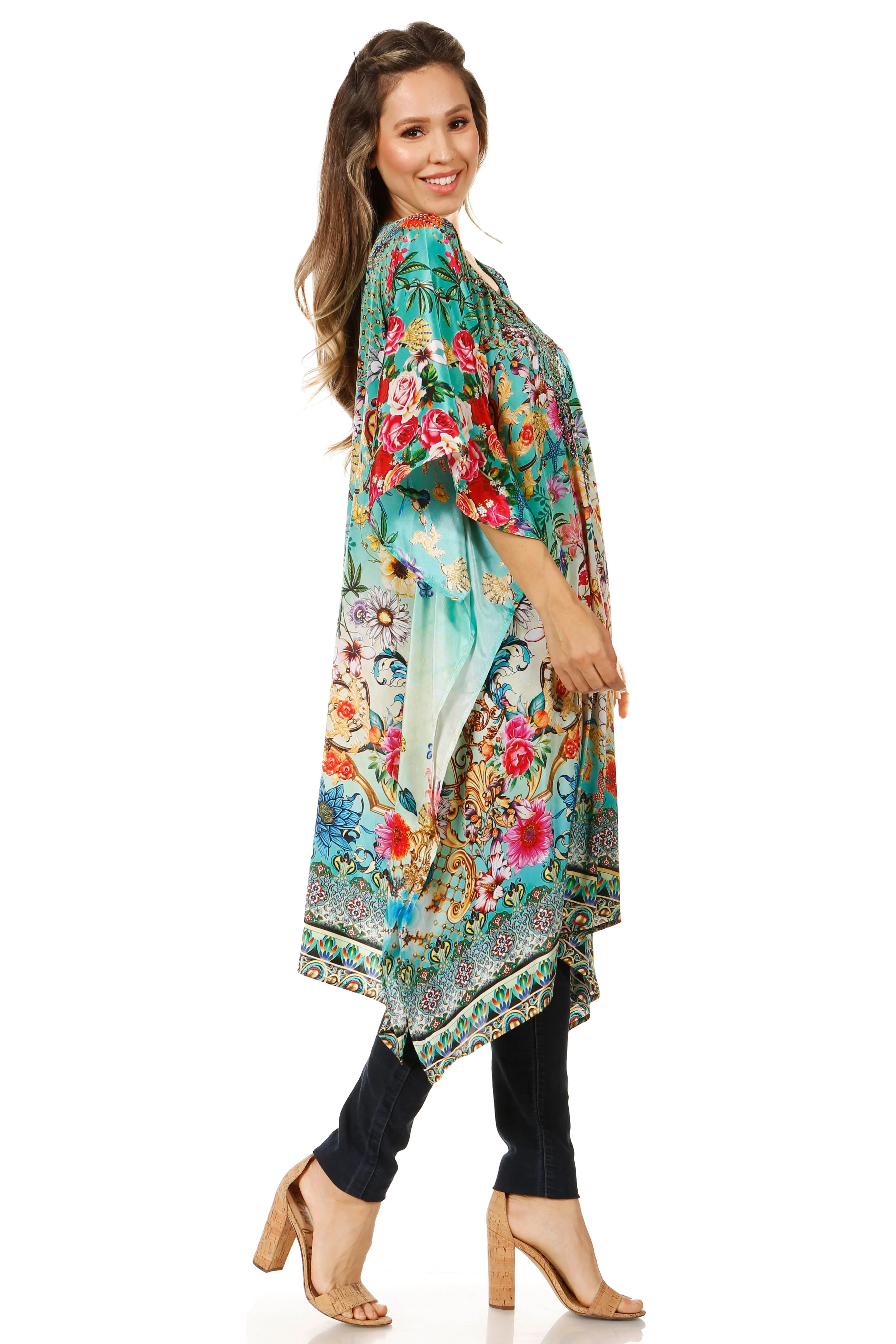 Sakkas Jenni Women's Mid Length Boho Caftan Kaftan Dress Cover up Flowy Rhinestone - Image 39