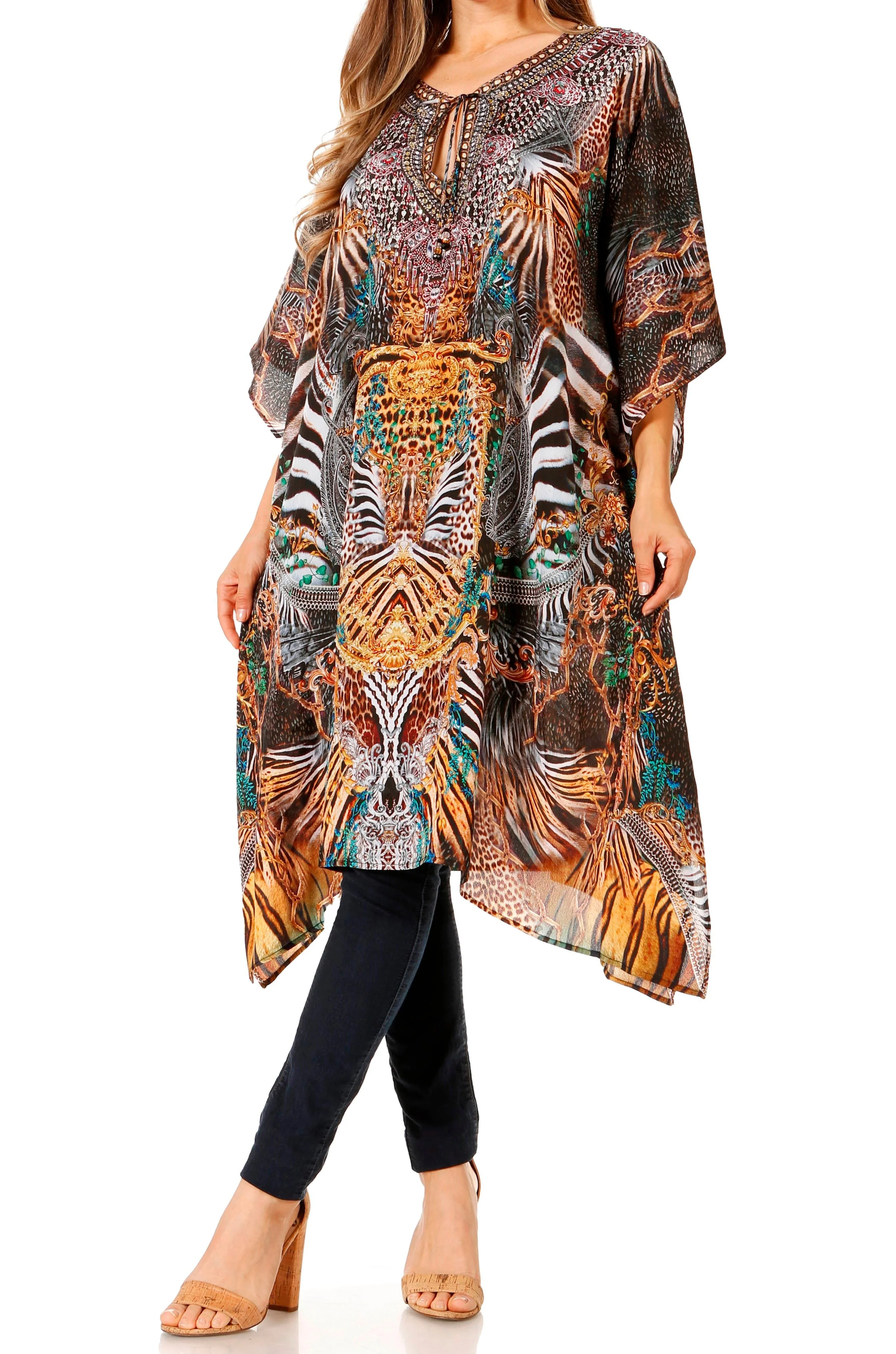 Sakkas Jenni Women's Mid Length Boho Caftan Kaftan Dress Cover up Flowy Rhinestone - Image 51