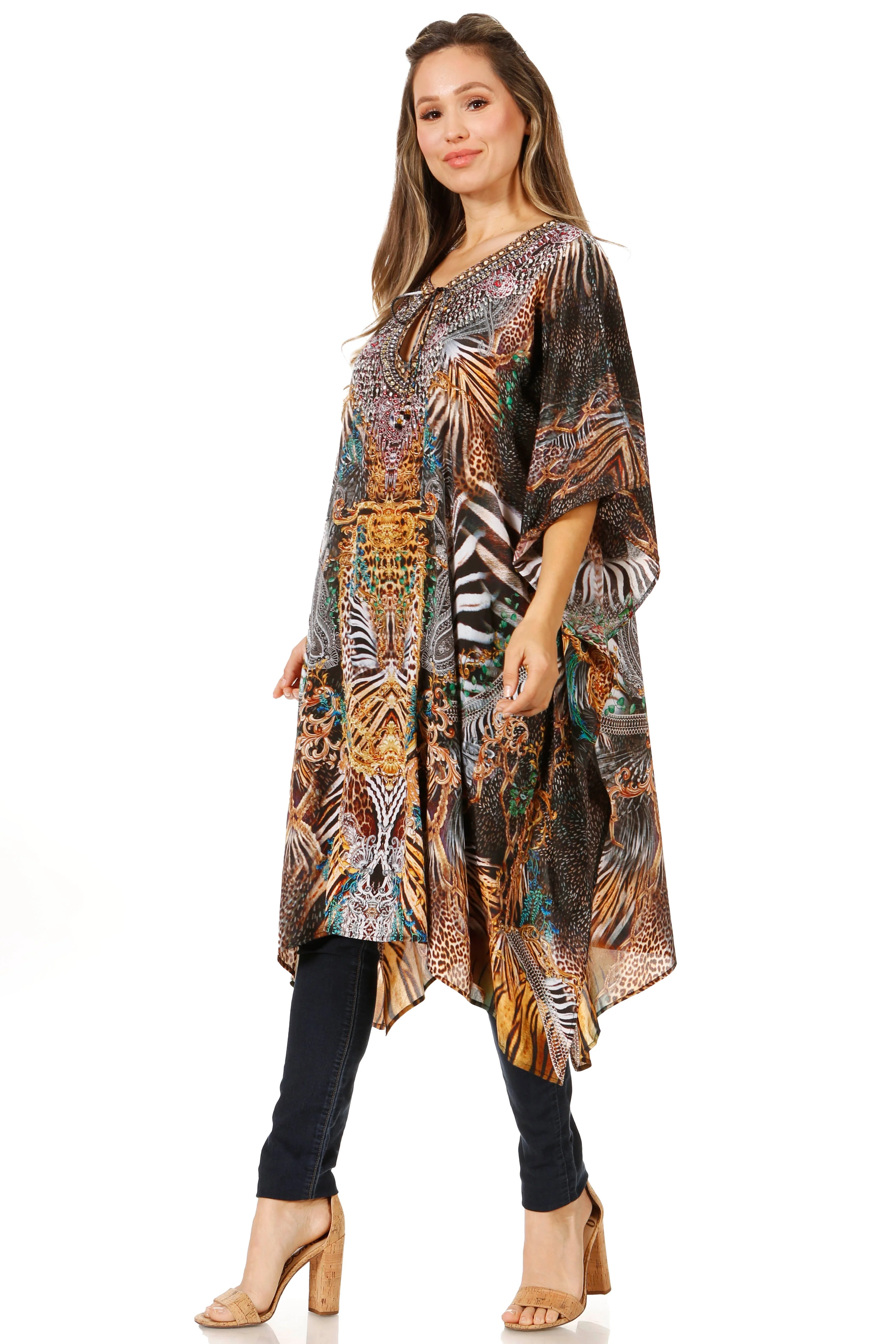 Sakkas Jenni Women's Mid Length Boho Caftan Kaftan Dress Cover up Flowy Rhinestone - Image 53