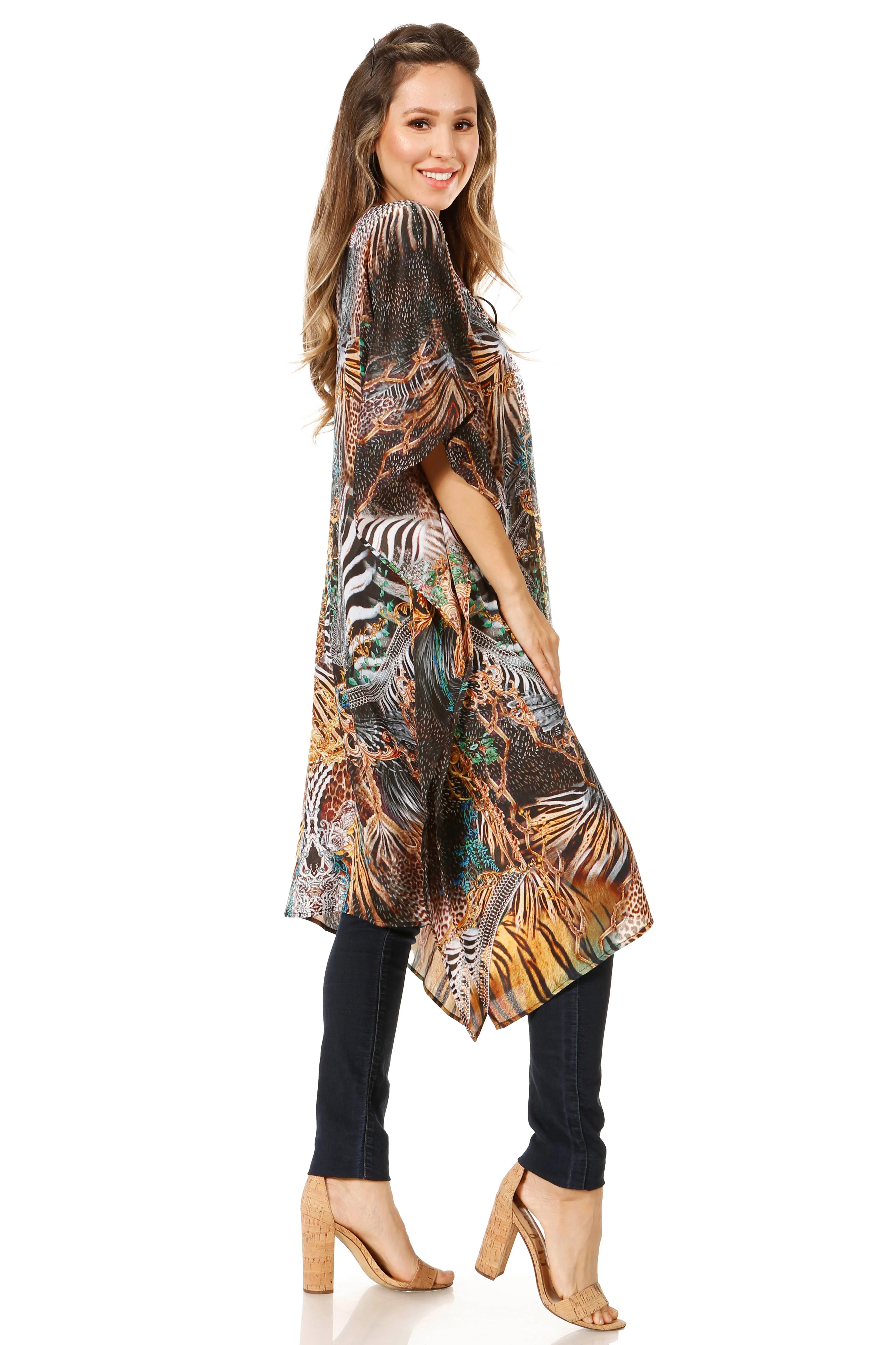 Sakkas Jenni Women's Mid Length Boho Caftan Kaftan Dress Cover up Flowy Rhinestone - Image 54