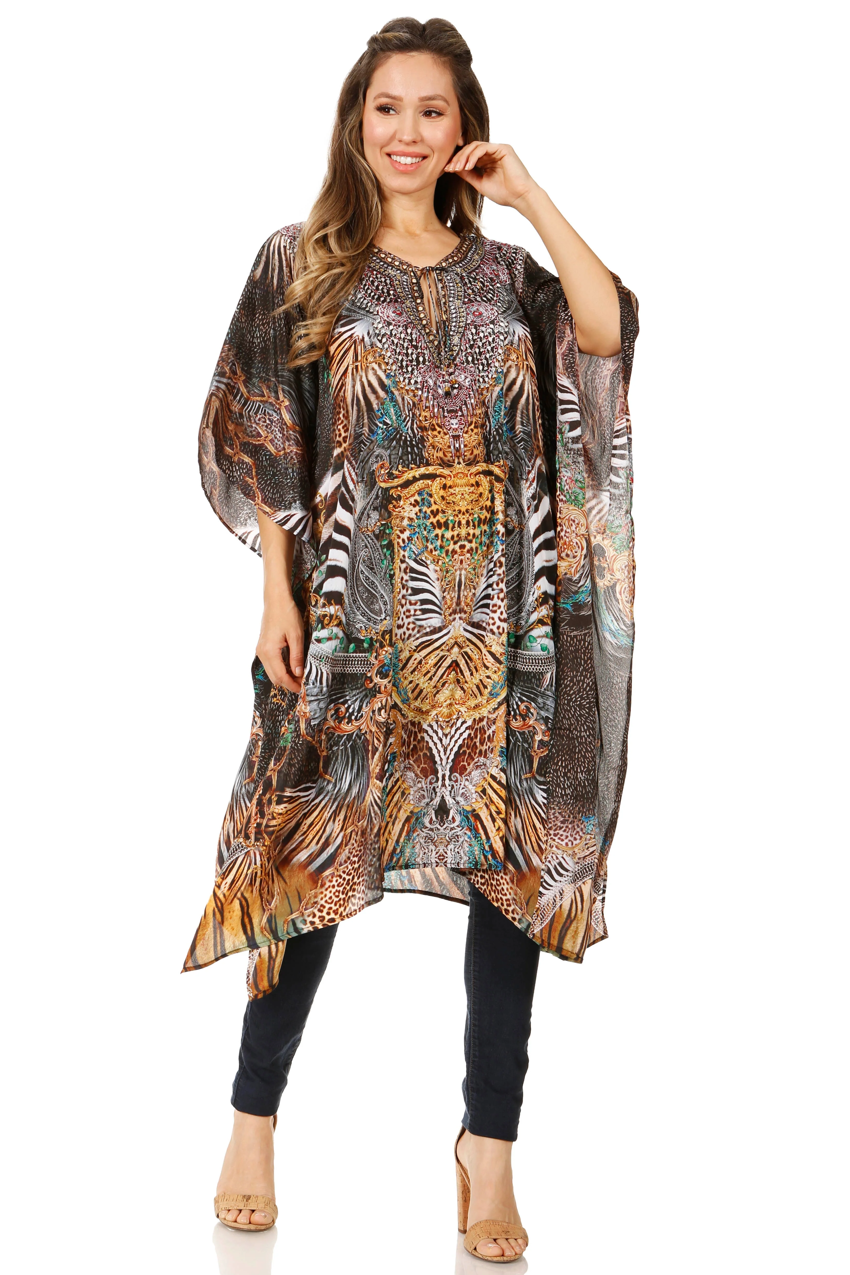 Sakkas Jenni Women's Mid Length Boho Caftan Kaftan Dress Cover up Flowy Rhinestone - Image 55