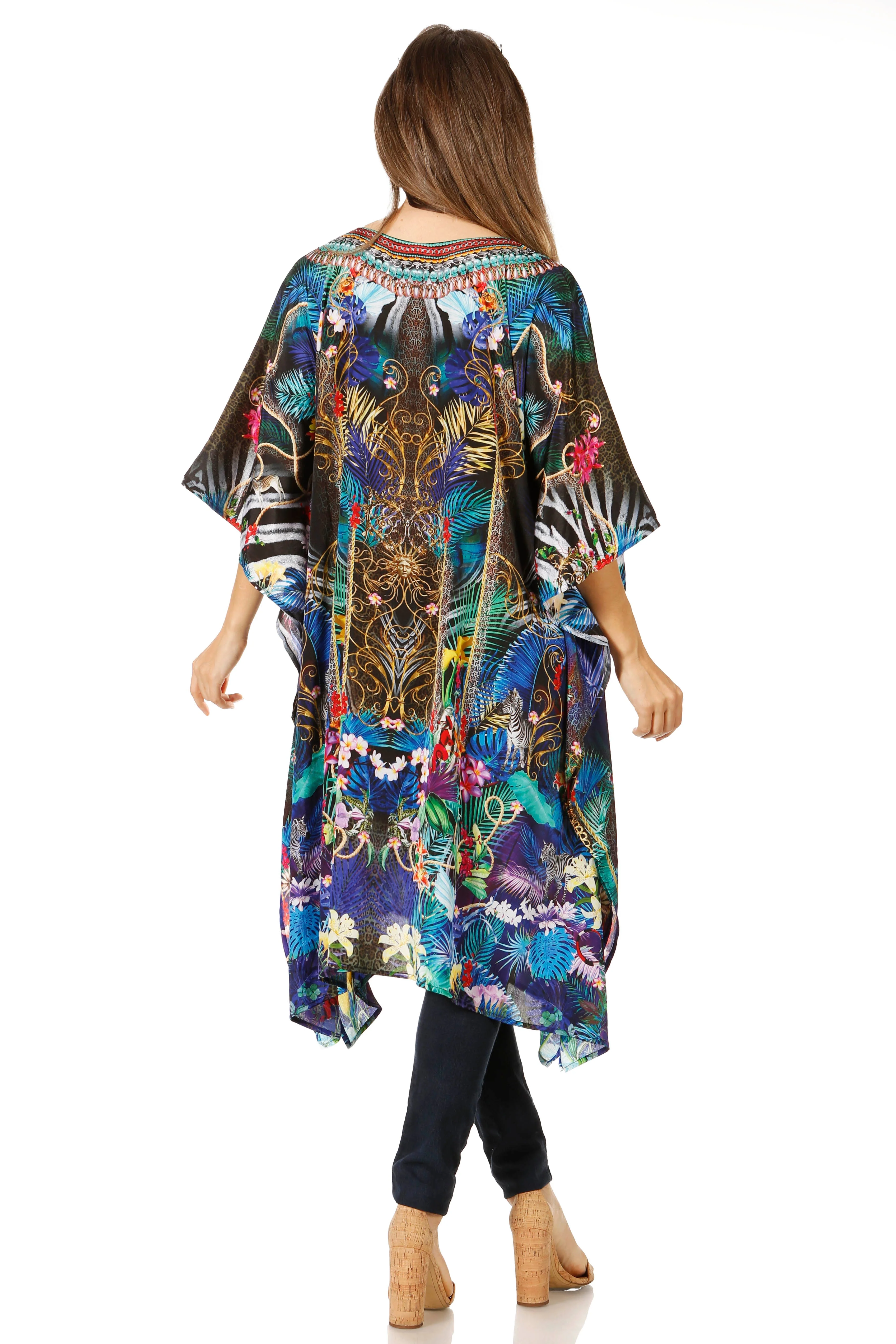 Sakkas Jenni Women's Mid Length Boho Caftan Kaftan Dress Cover up Flowy Rhinestone - Image 62
