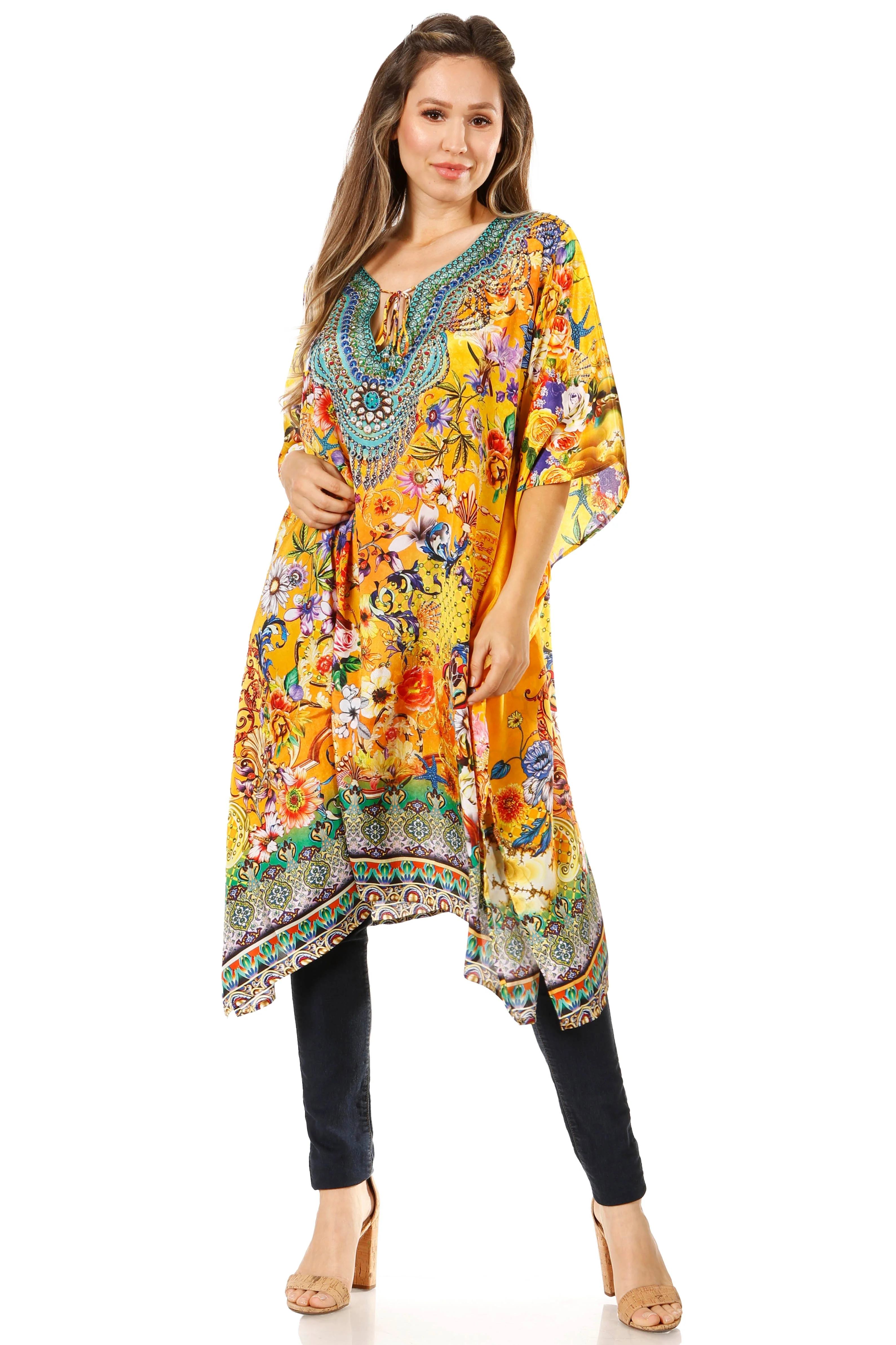 Sakkas Jenni Women's Mid Length Boho Caftan Kaftan Dress Cover up Flowy Rhinestone - Image 70