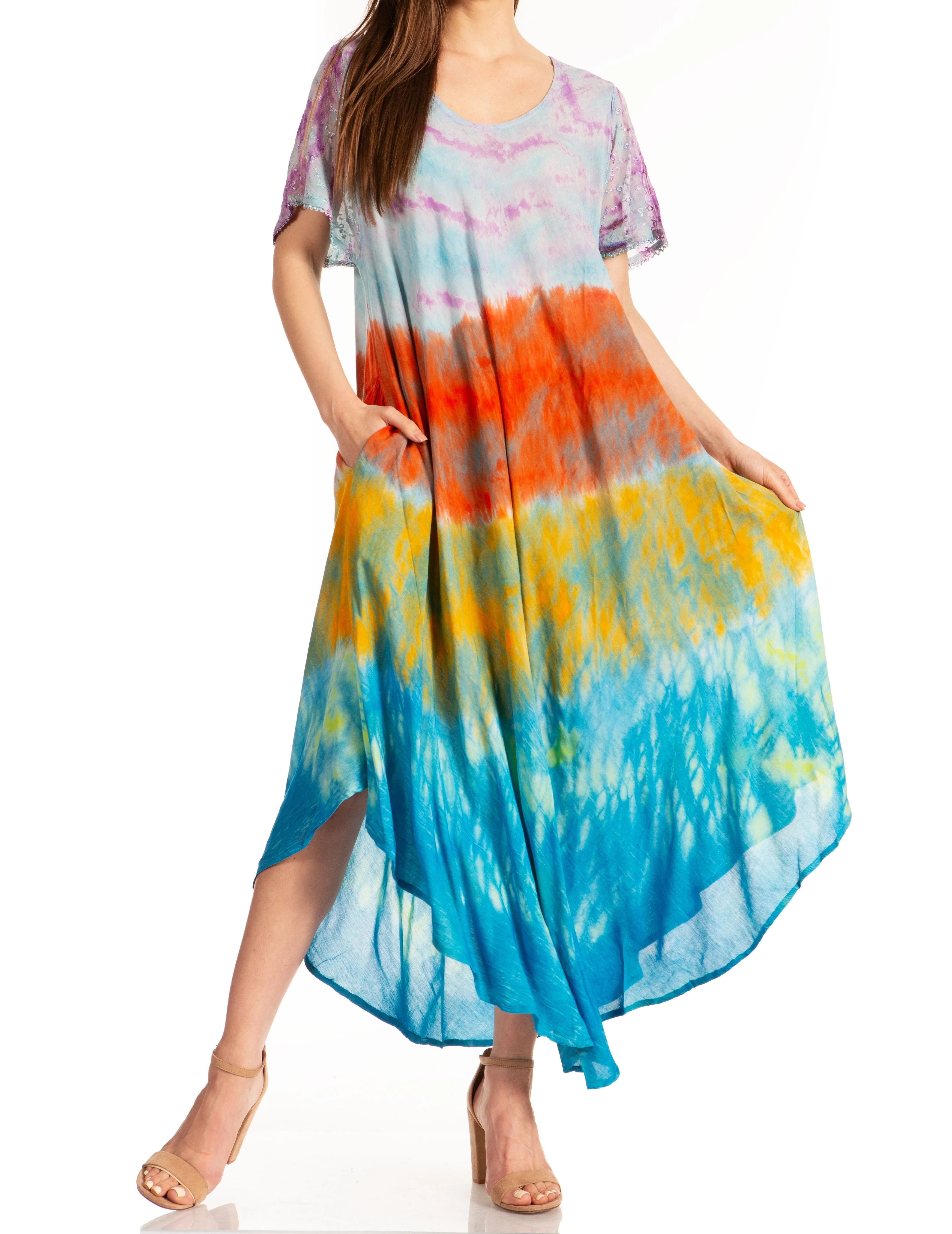 Sakkas Kaylaye Long Tie Dye Ombre Embroidered Cap Sleeve Caftan Dress / Cover Up - Image 21