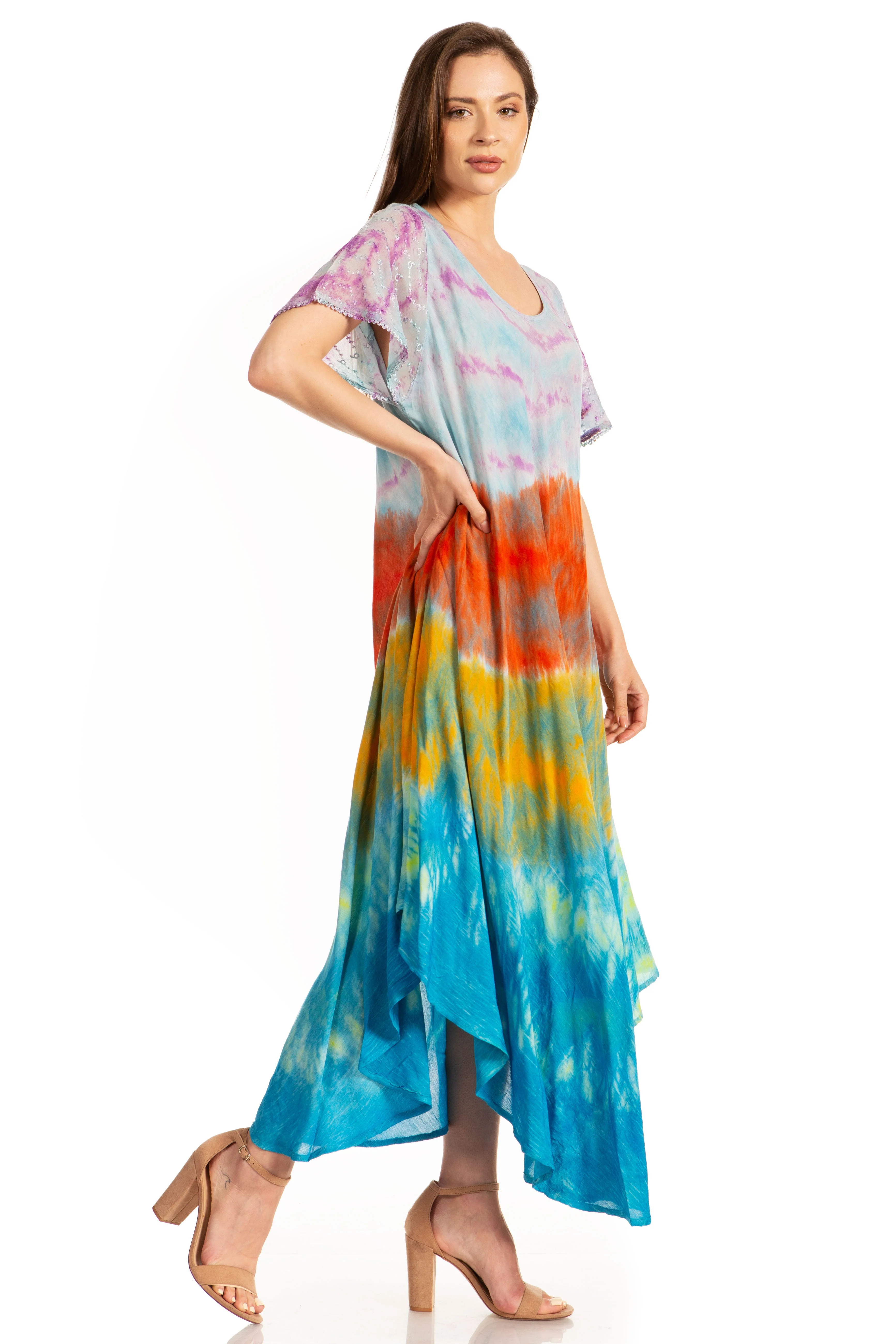 Sakkas Kaylaye Long Tie Dye Ombre Embroidered Cap Sleeve Caftan Dress / Cover Up - Image 23