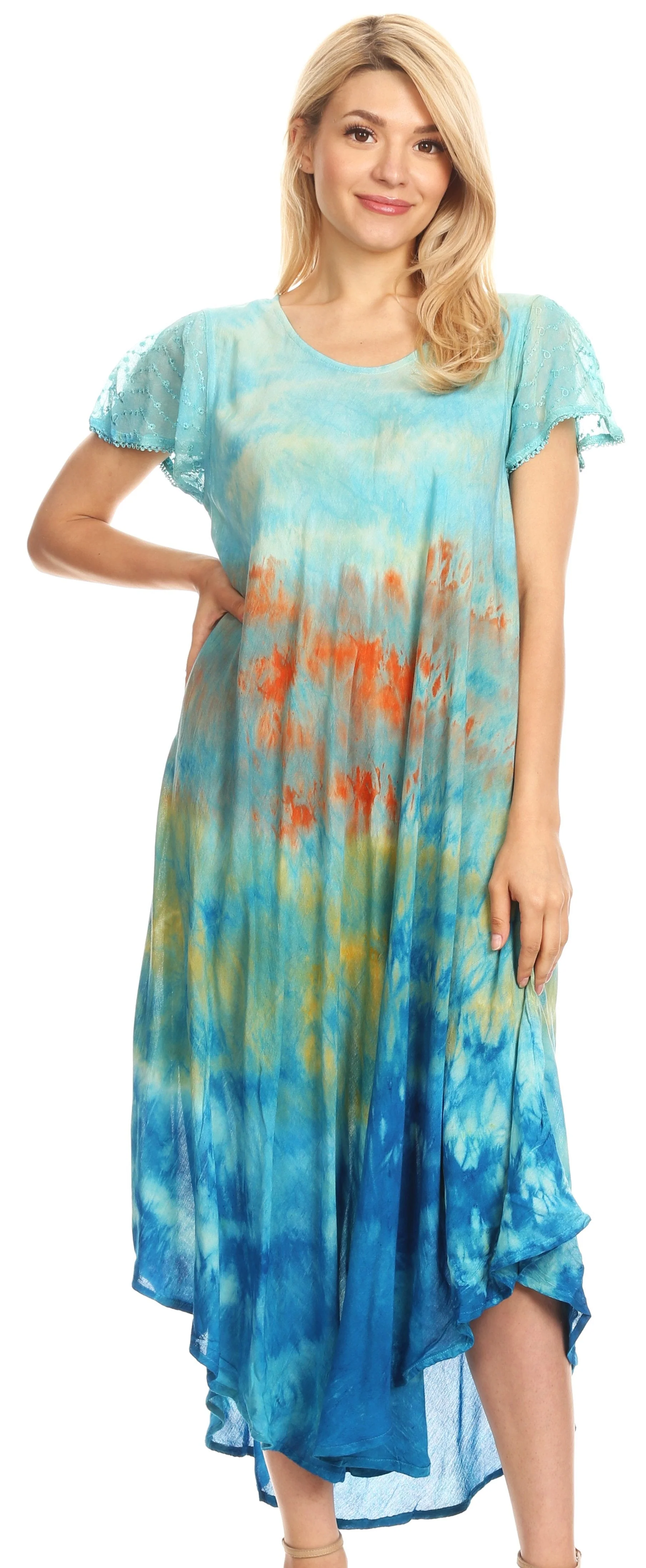 Sakkas Kaylaye Long Tie Dye Ombre Embroidered Cap Sleeve Caftan Dress / Cover Up - Image 35