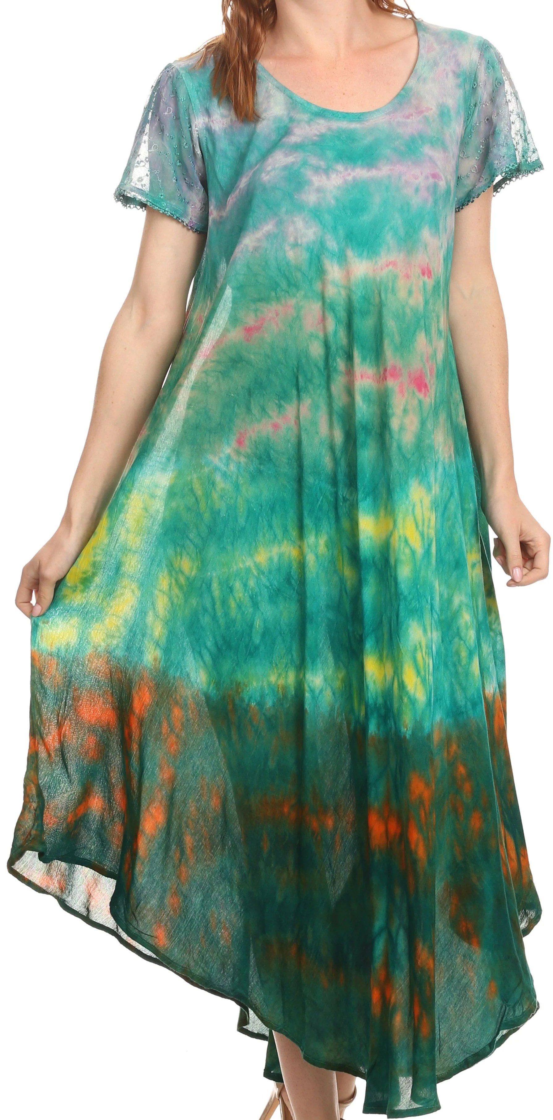 Sakkas Kaylaye Long Tie Dye Ombre Embroidered Cap Sleeve Caftan Dress / Cover Up - Image 6