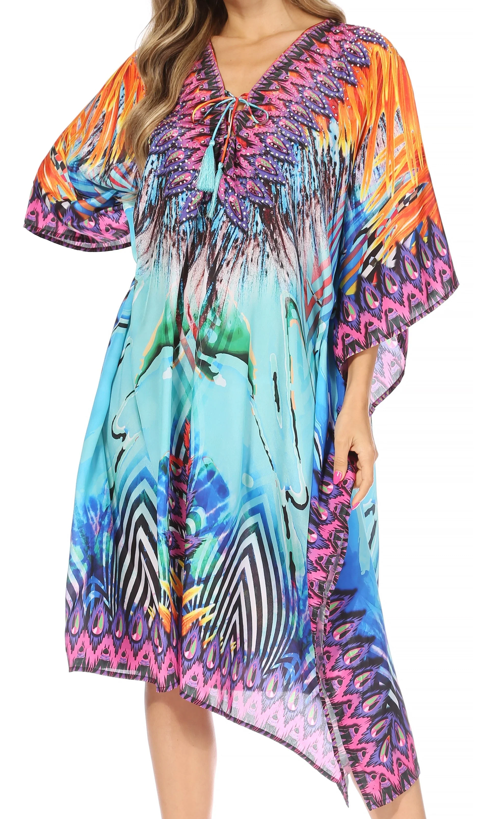 Sakkas Kristy Long Tall Lightweight Caftan Dress / Cover Up With V-Neck Jewels - Image 126