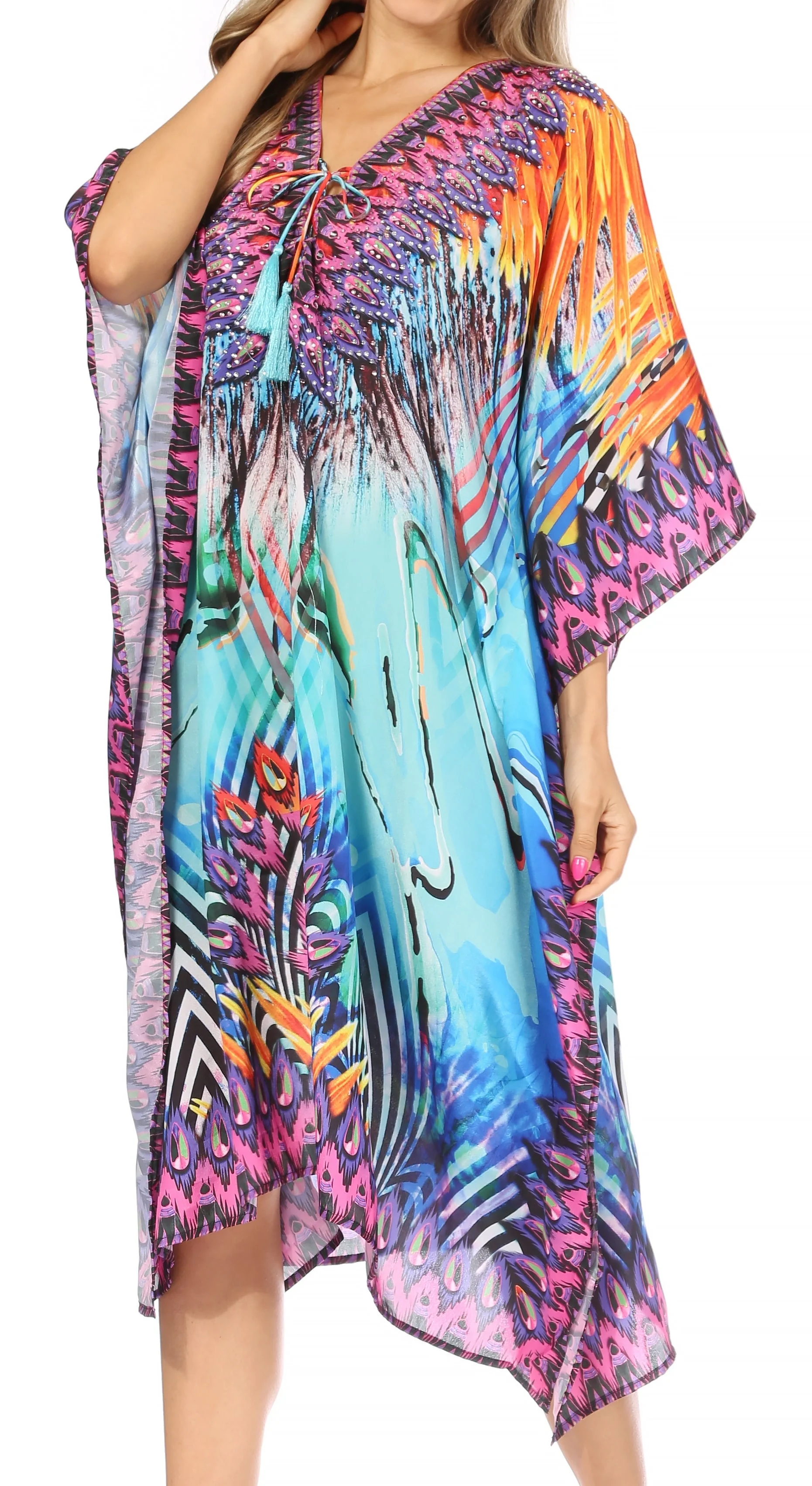 Sakkas Kristy Long Tall Lightweight Caftan Dress / Cover Up With V-Neck Jewels - Image 128