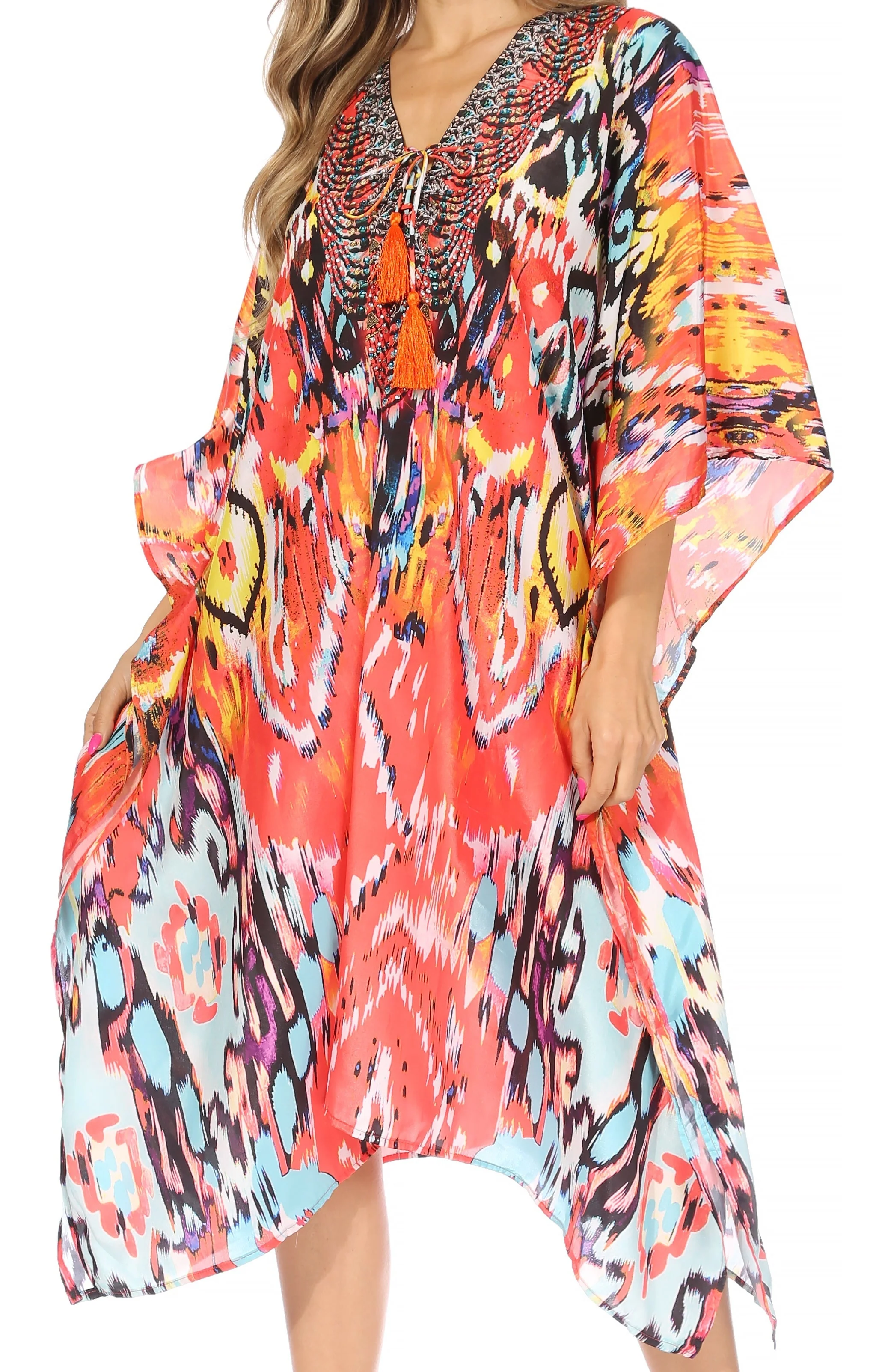 Sakkas Kristy Long Tall Lightweight Caftan Dress / Cover Up With V-Neck Jewels - Image 131