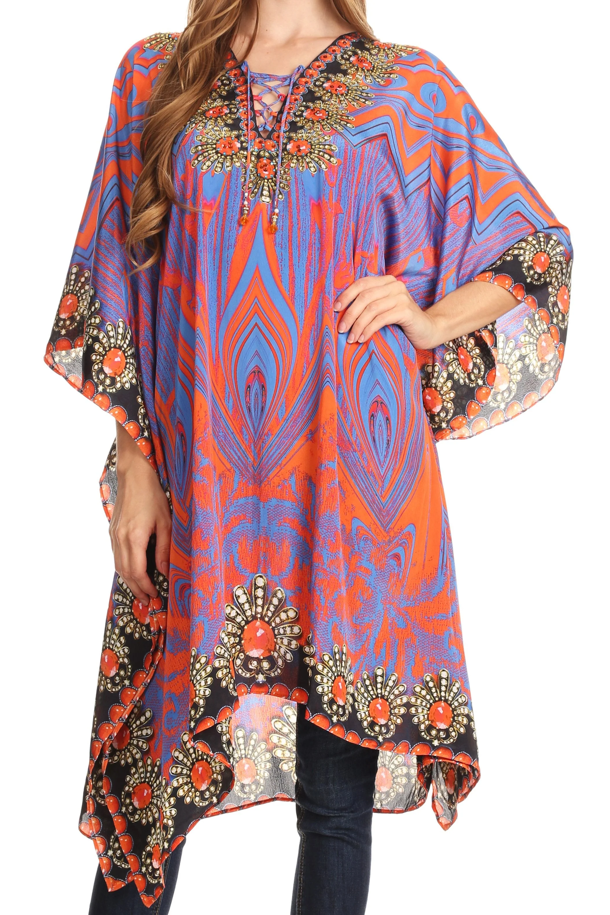 Sakkas Kristy Long Tall Lightweight Caftan Dress / Cover Up With V-Neck Jewels - Image 136