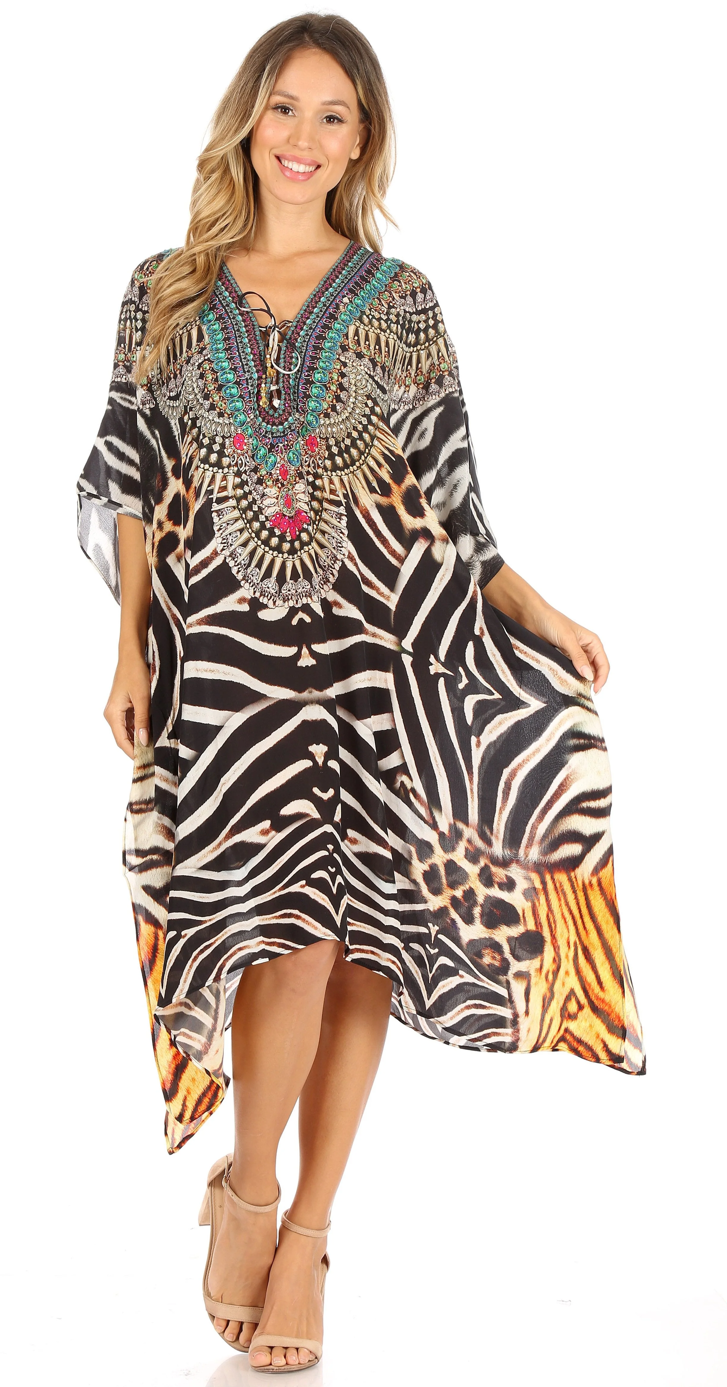 Sakkas Kristy Long Tall Lightweight Caftan Dress / Cover Up With V-Neck Jewels - Image 165