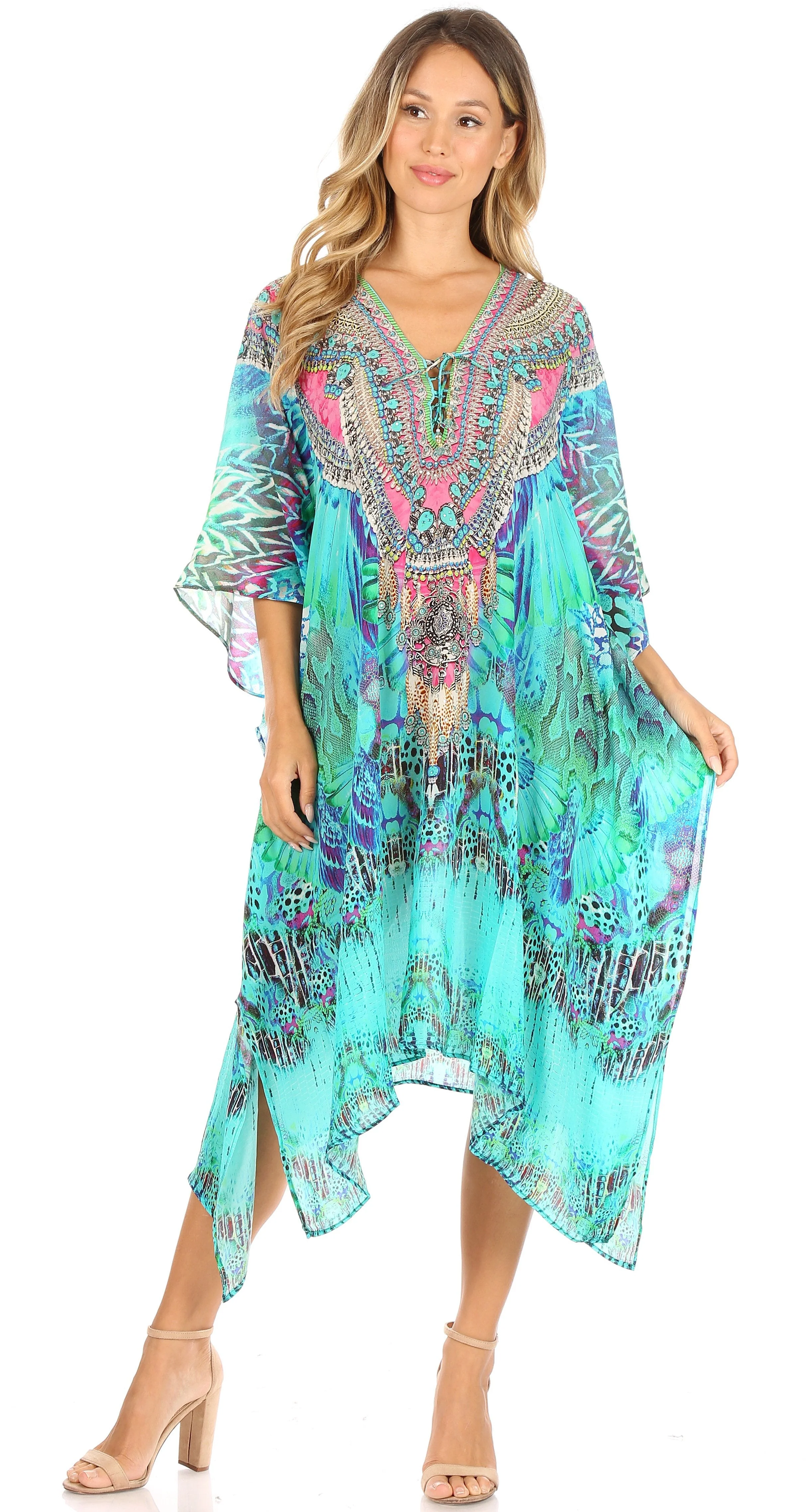 Sakkas Kristy Long Tall Lightweight Caftan Dress / Cover Up With V-Neck Jewels - Image 180