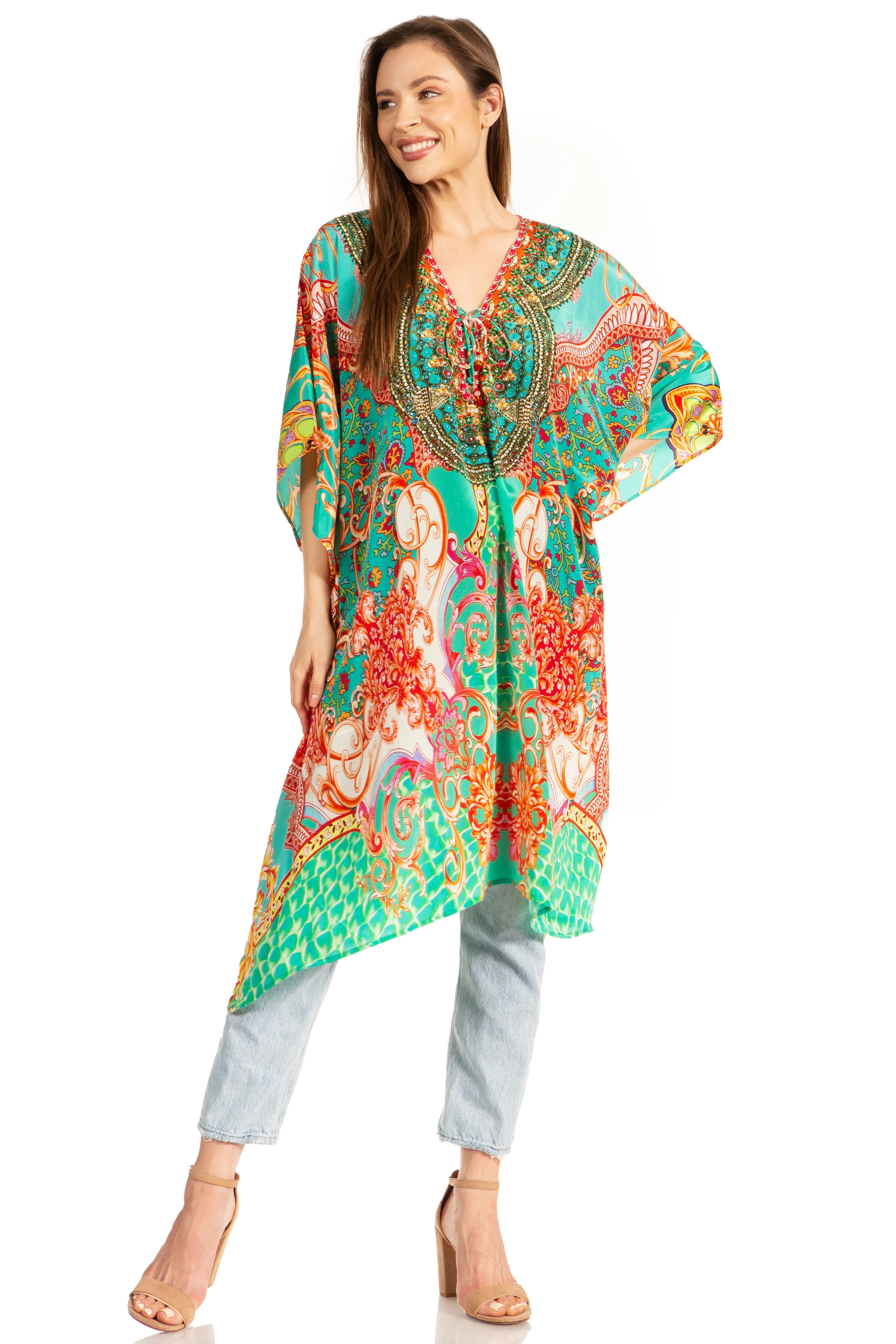 Sakkas Kristy Long Tall Lightweight Caftan Dress / Cover Up With V-Neck Jewels - Image 185
