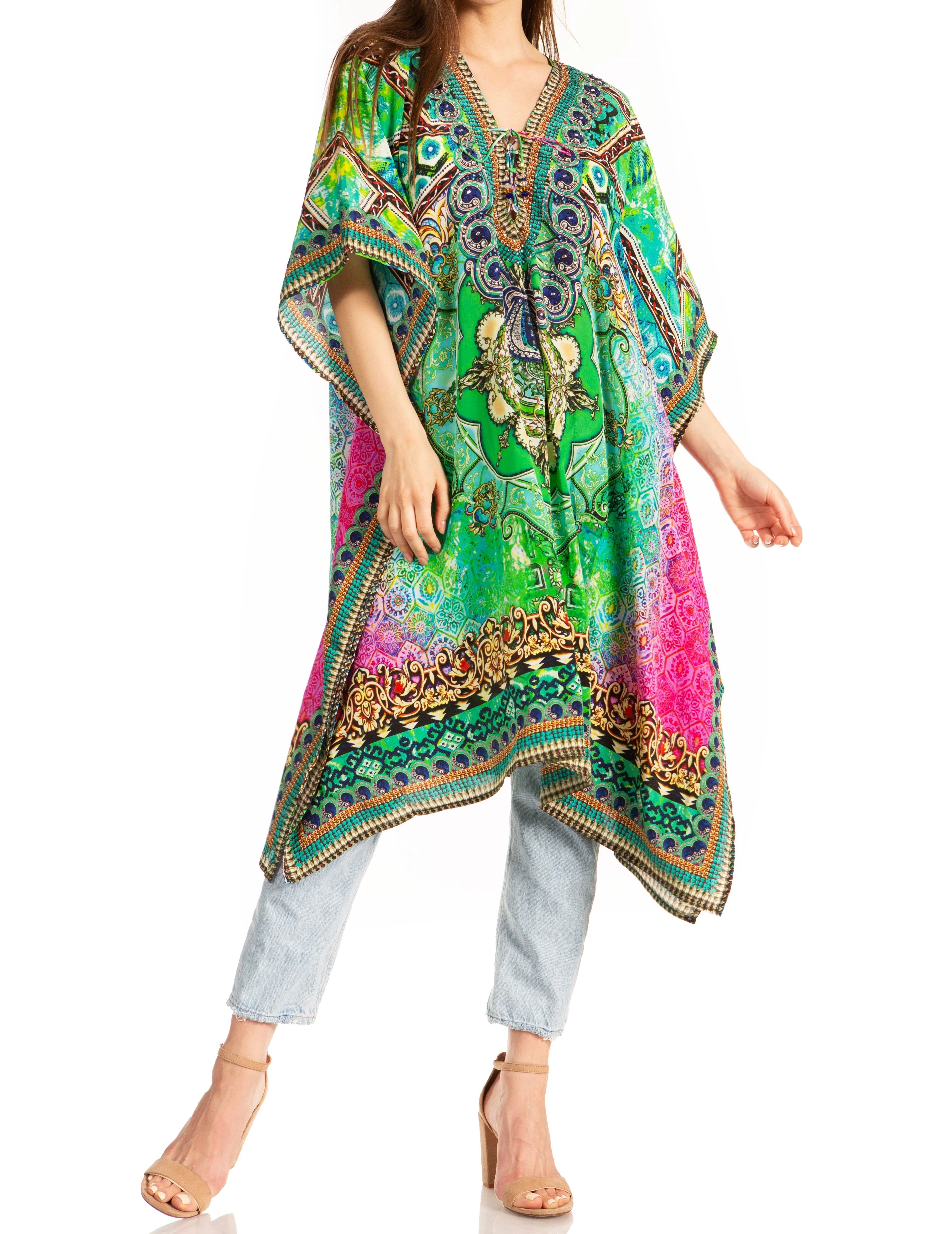 Sakkas Kristy Long Tall Lightweight Caftan Dress / Cover Up With V-Neck Jewels - Image 196