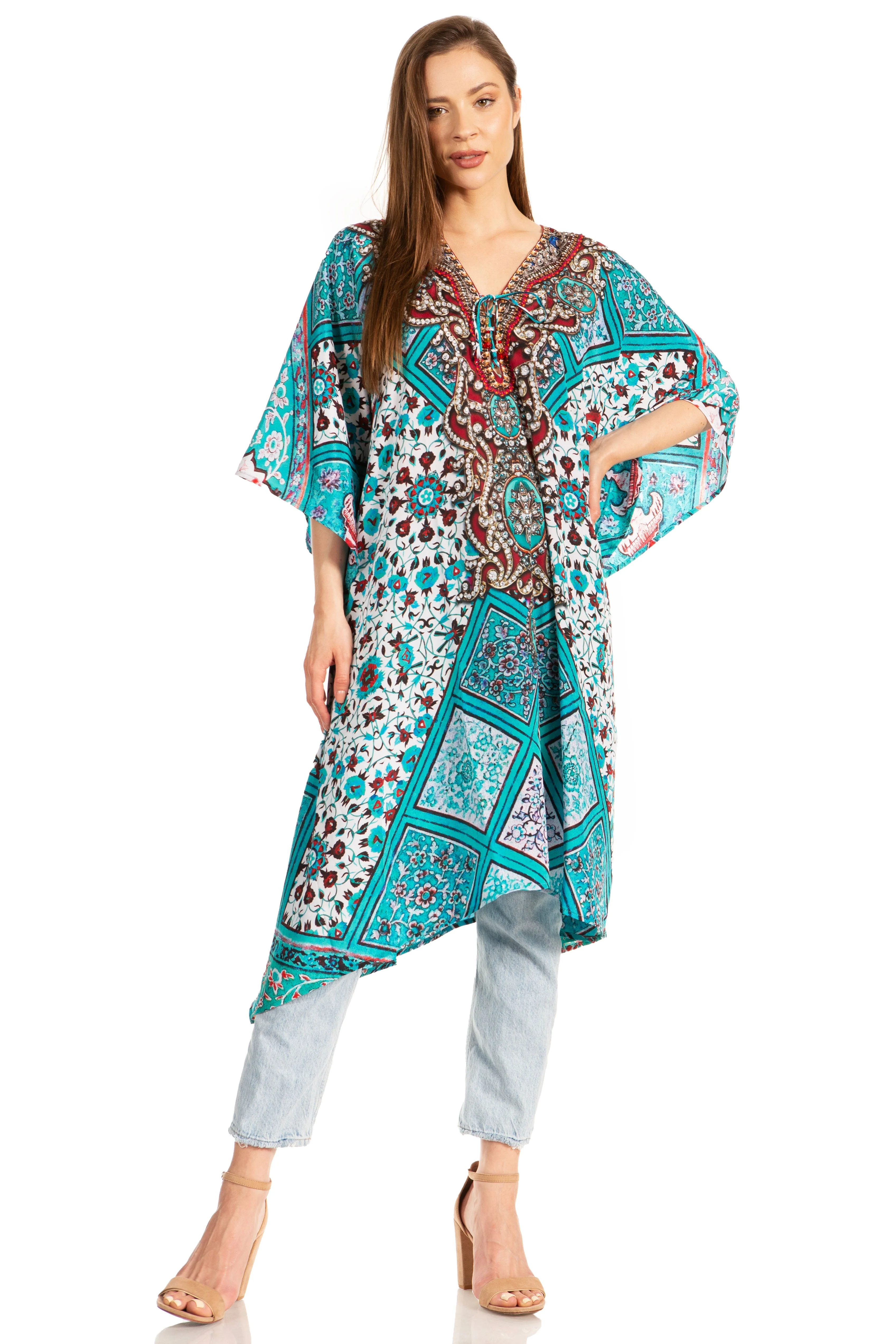 Sakkas Kristy Long Tall Lightweight Caftan Dress / Cover Up With V-Neck Jewels - Image 205