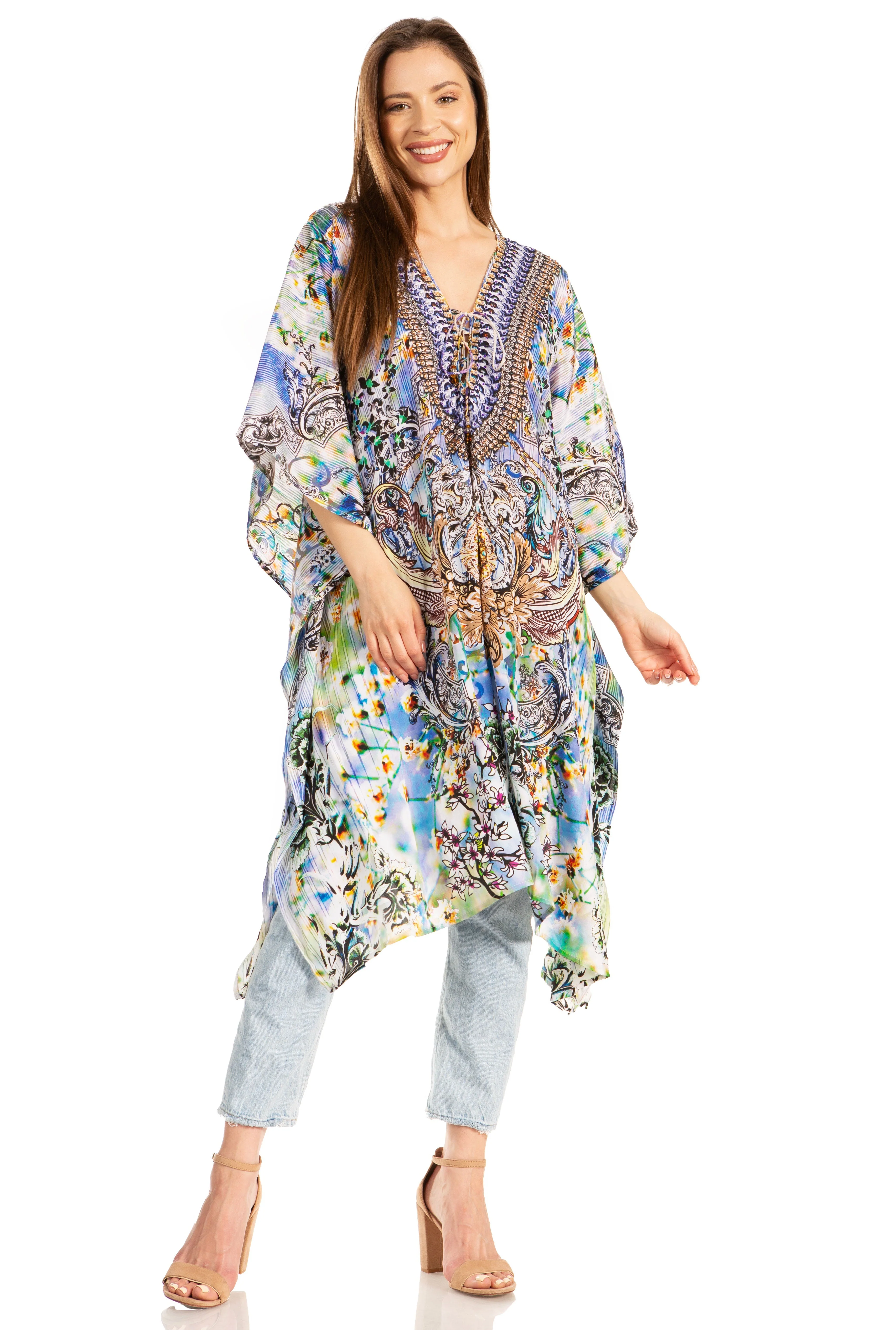 Sakkas Kristy Long Tall Lightweight Caftan Dress / Cover Up With V-Neck Jewels - Image 230
