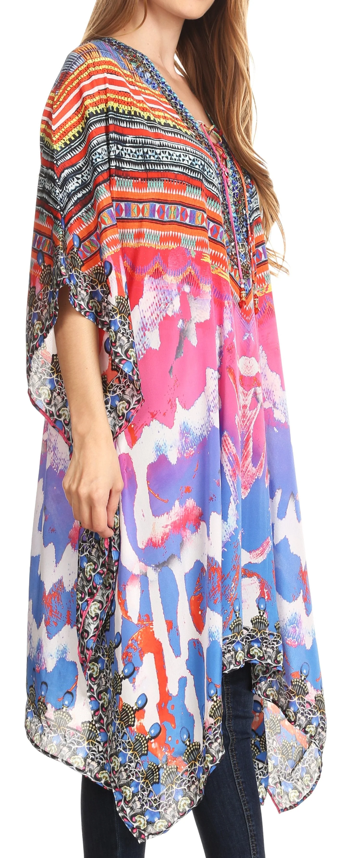 Sakkas Kristy Long Tall Lightweight Caftan Dress / Cover Up With V-Neck Jewels - Image 48