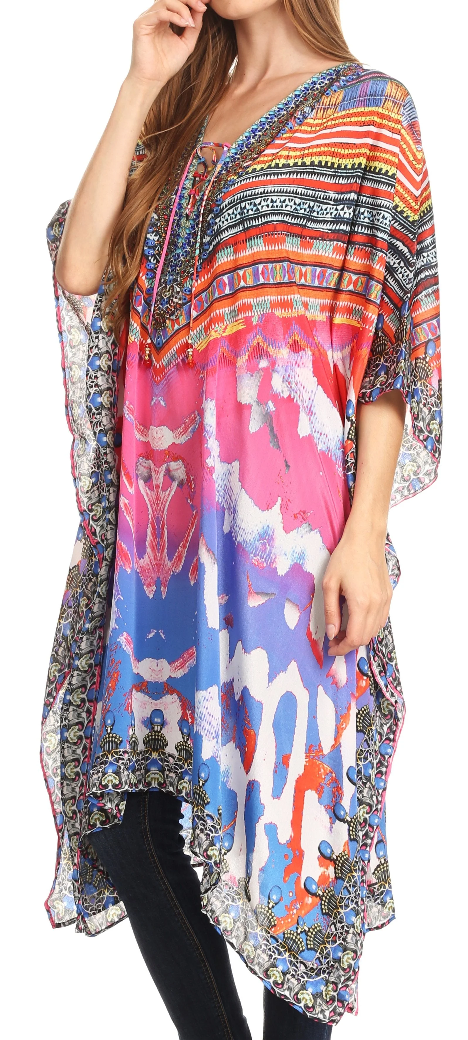 Sakkas Kristy Long Tall Lightweight Caftan Dress / Cover Up With V-Neck Jewels - Image 49