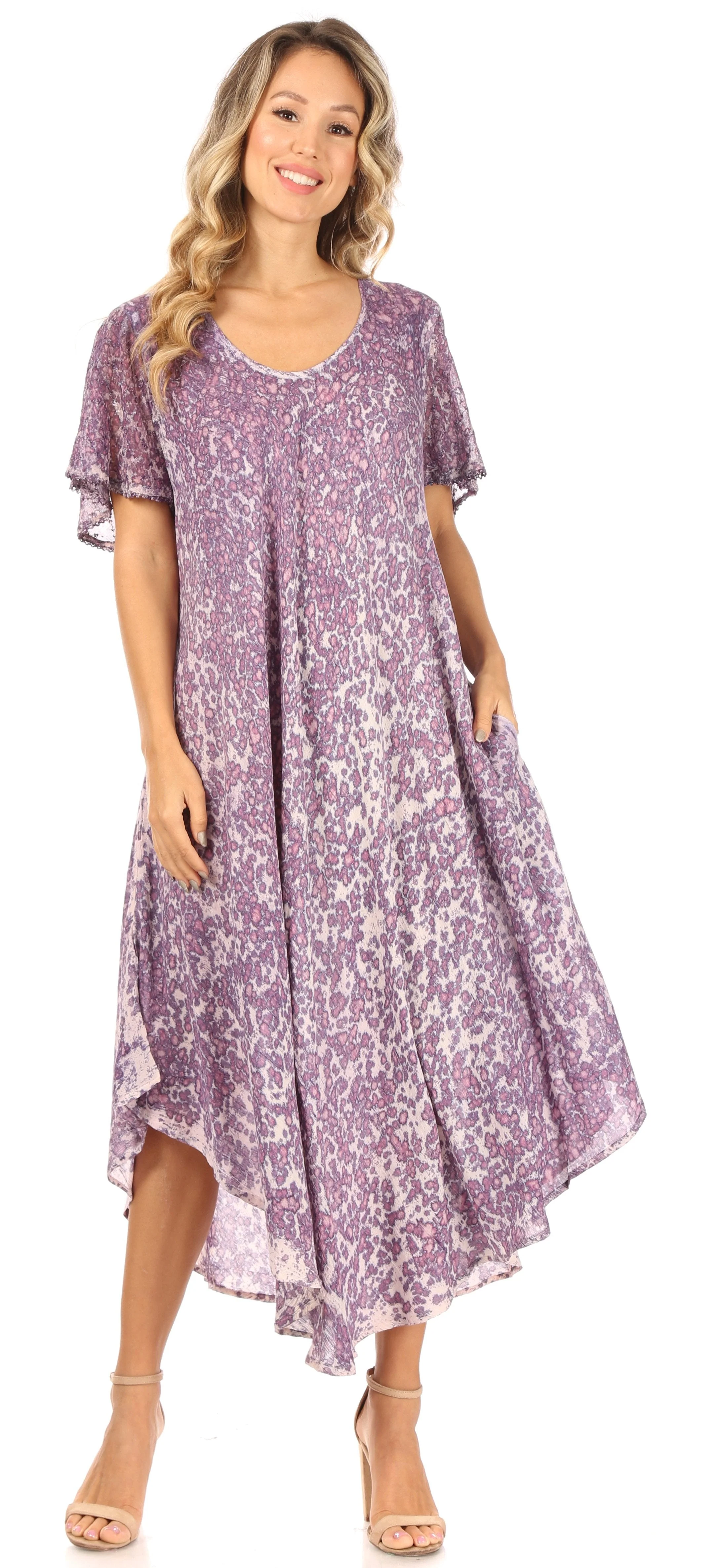 Sakkas Lila Freckled Dyed Cap Sleeve Scoopneck Long Caftan Dress / Cover Up - Image 20