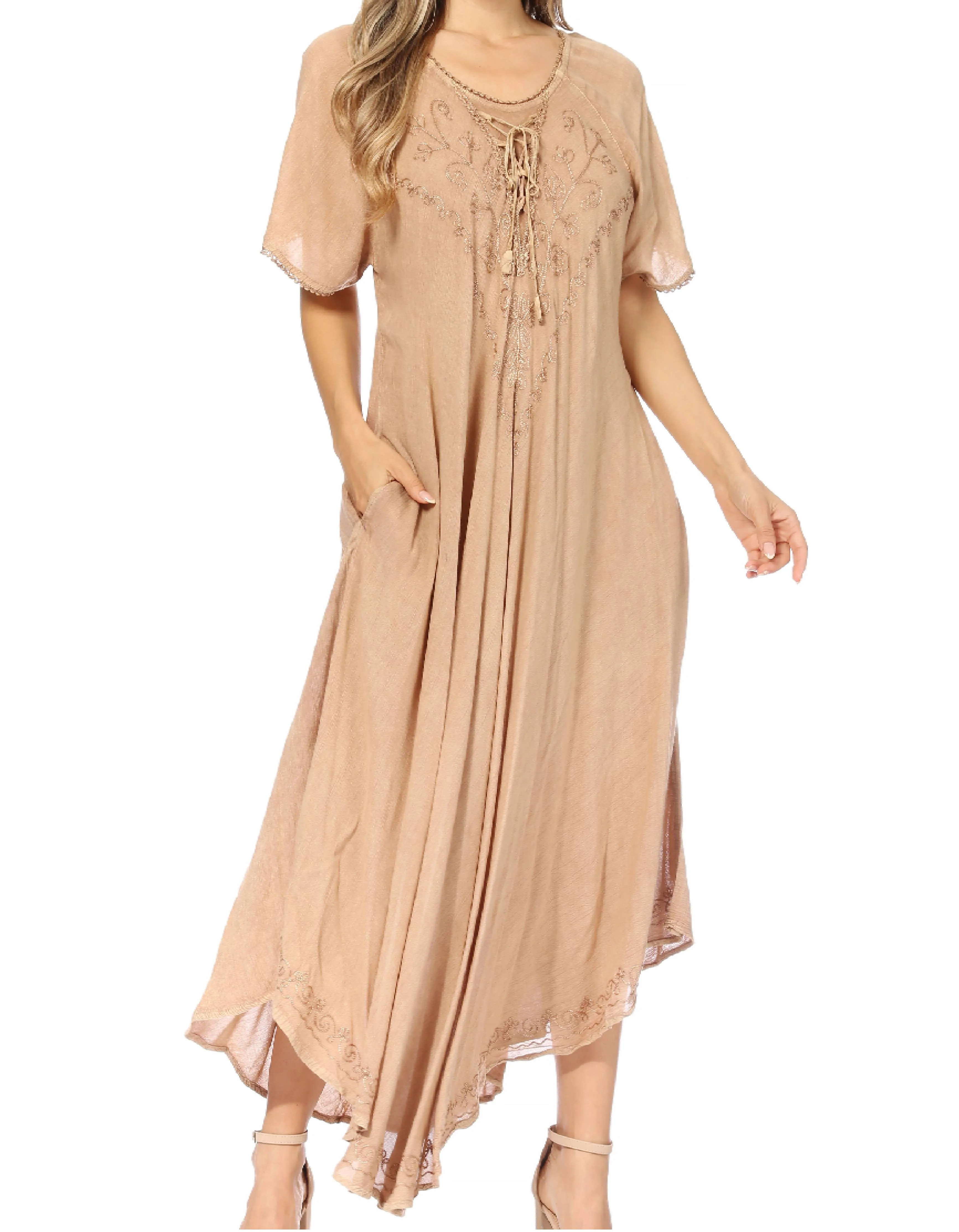 Sakkas Lilia Embroidered Lace Up Bodice Relaxed Fit  Maxi Sun Dress - Image 101