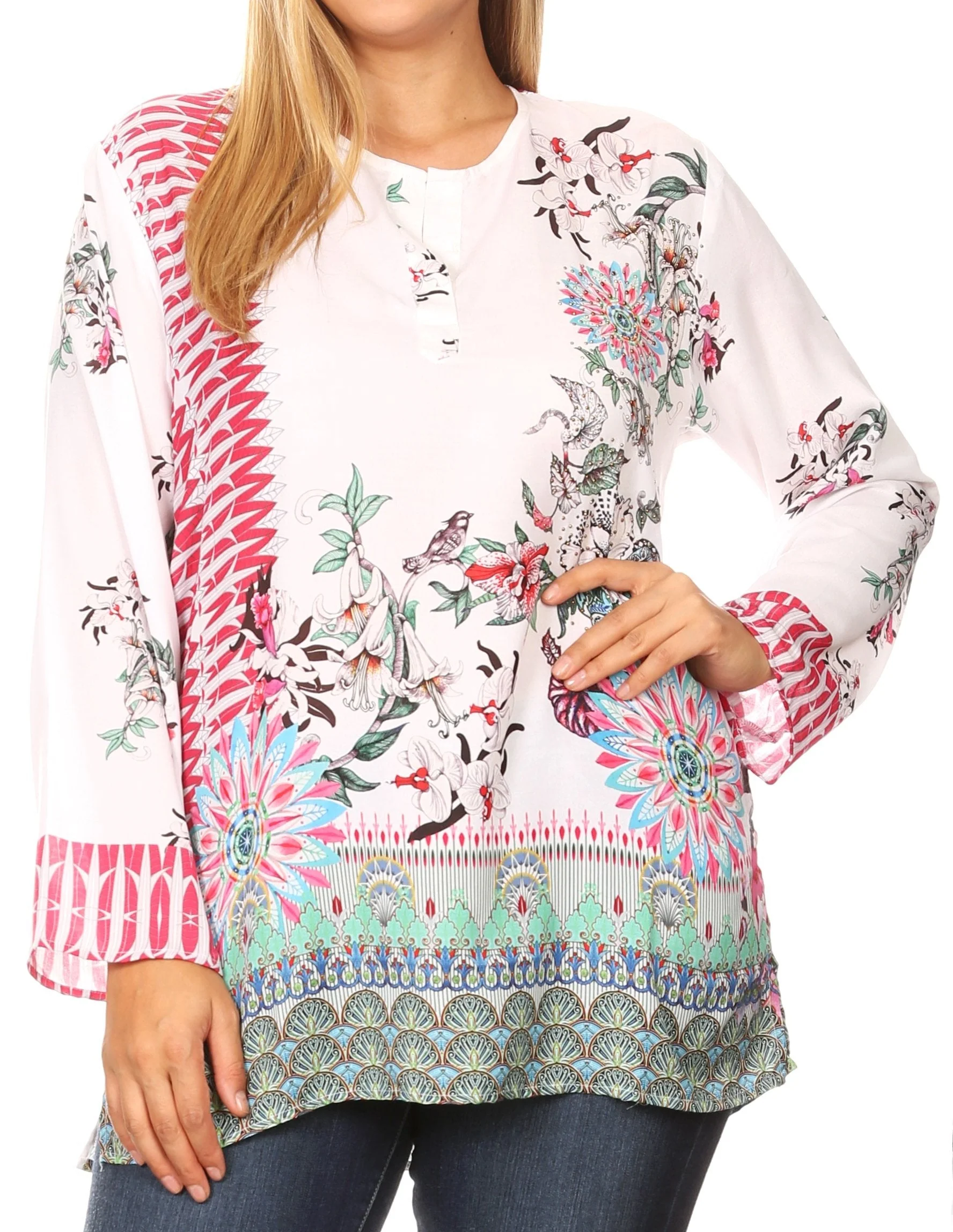 Sakkas Linea Women's Casual Floral Print Long Sleeve Swing Boho Pullover Tunic Top - Image 2