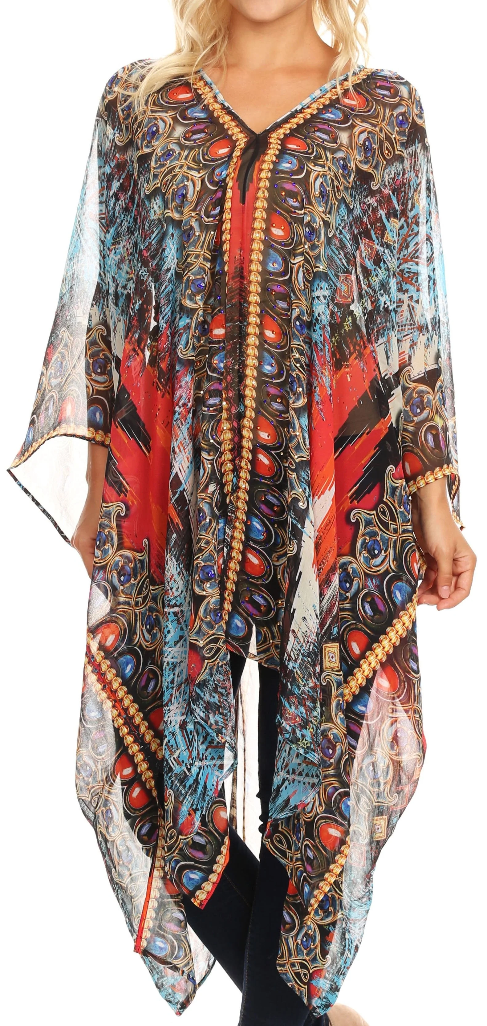 Sakkas Livi Women's V Neck Beach Dress Cover up Caftan Top Loose with Rhinestone