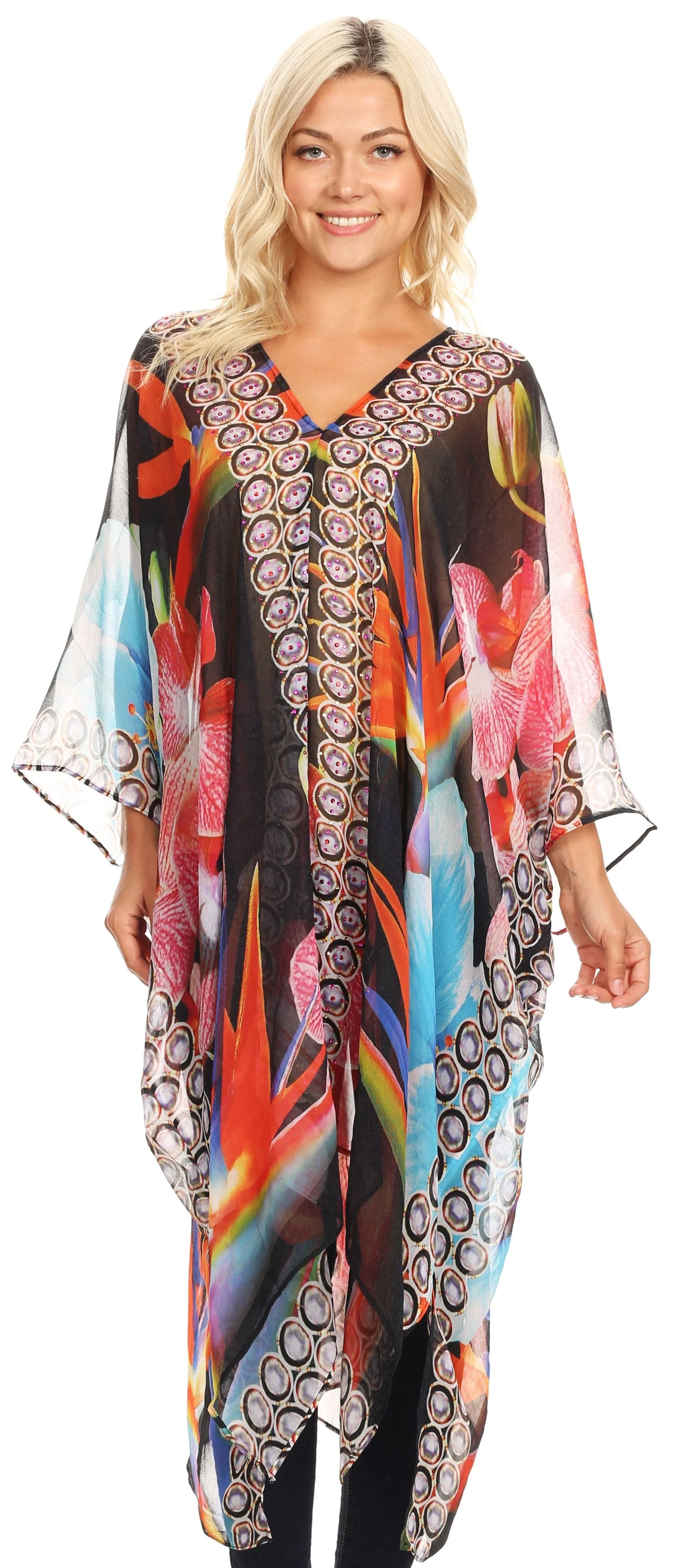 Sakkas Livi Women's V Neck Beach Dress Cover up Caftan Top Loose with Rhinestone - Image 10