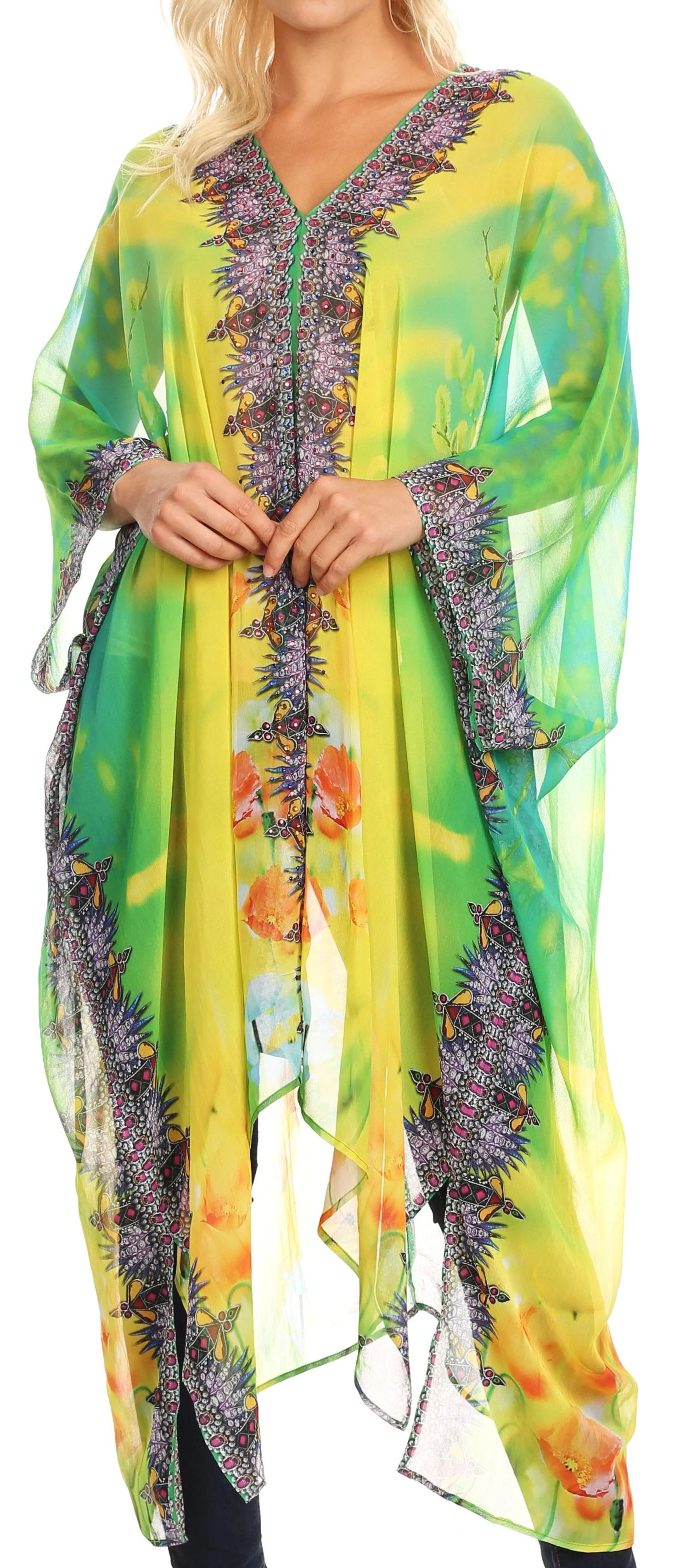 Sakkas Livi Women's V Neck Beach Dress Cover up Caftan Top Loose with Rhinestone - Image 11