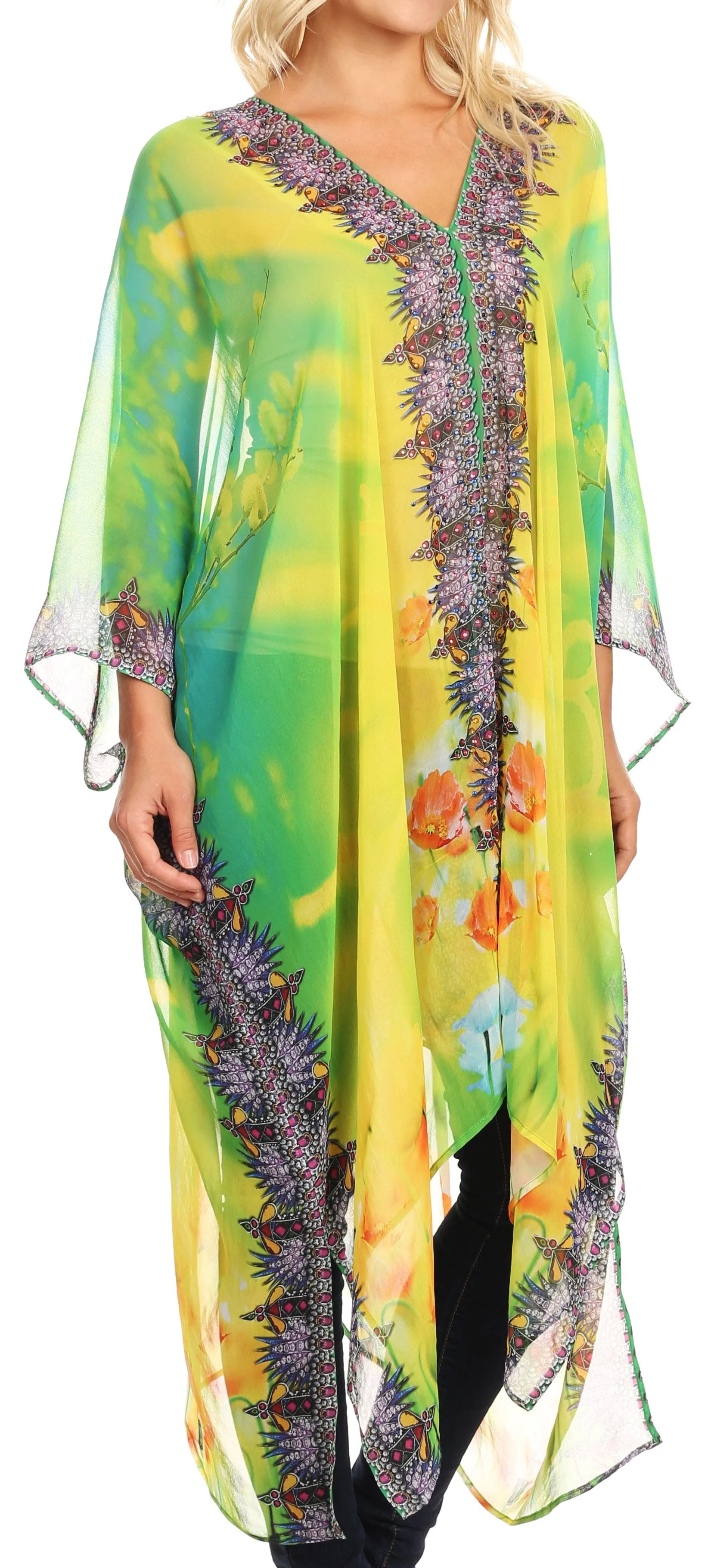Sakkas Livi Women's V Neck Beach Dress Cover up Caftan Top Loose with Rhinestone - Image 14