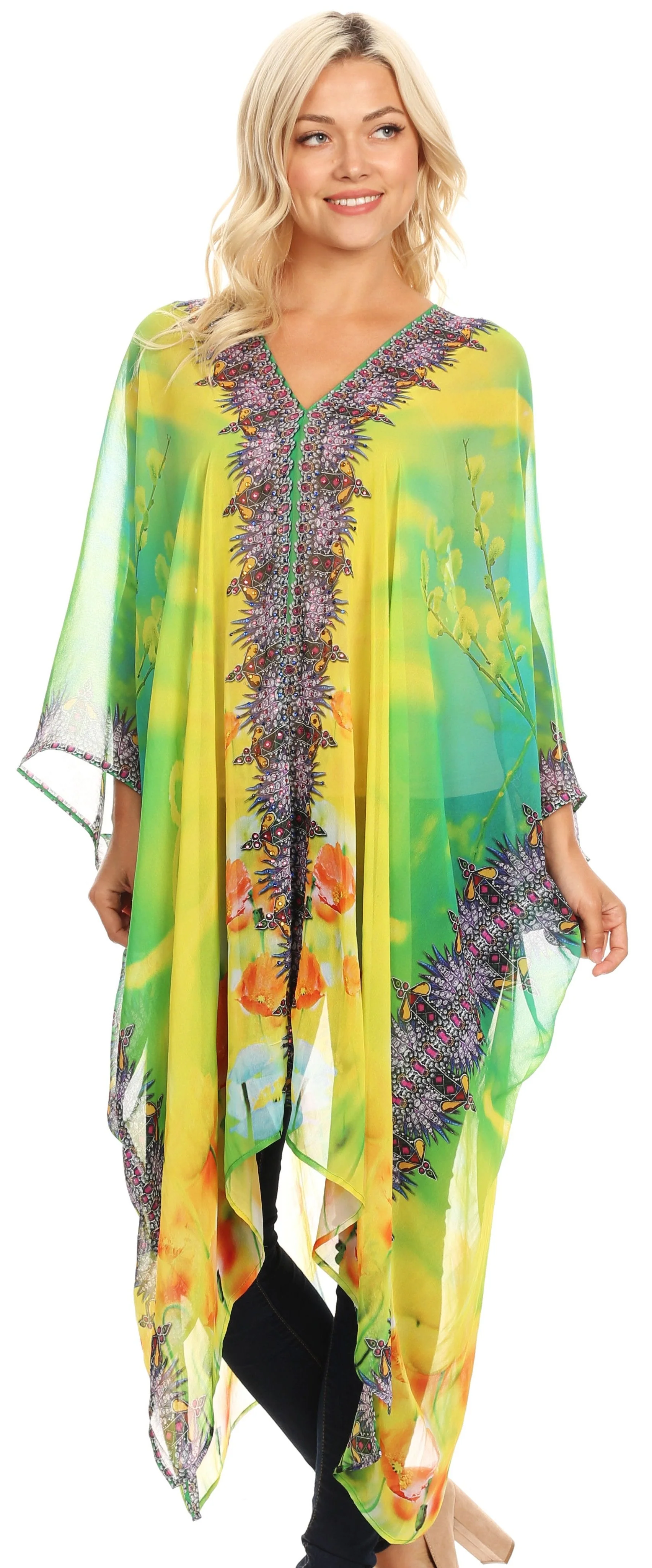 Sakkas Livi Women's V Neck Beach Dress Cover up Caftan Top Loose with Rhinestone - Image 15