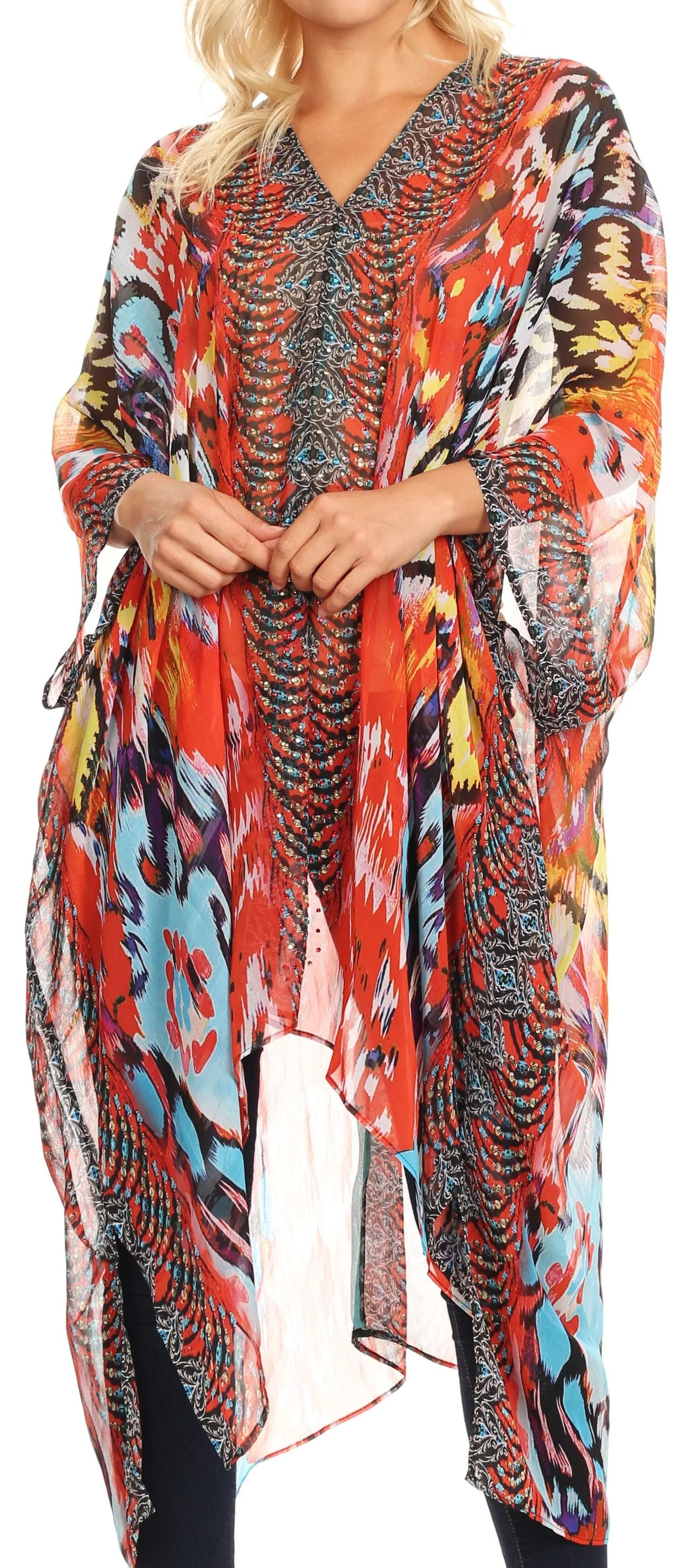 Sakkas Livi Women's V Neck Beach Dress Cover up Caftan Top Loose with Rhinestone - Image 16
