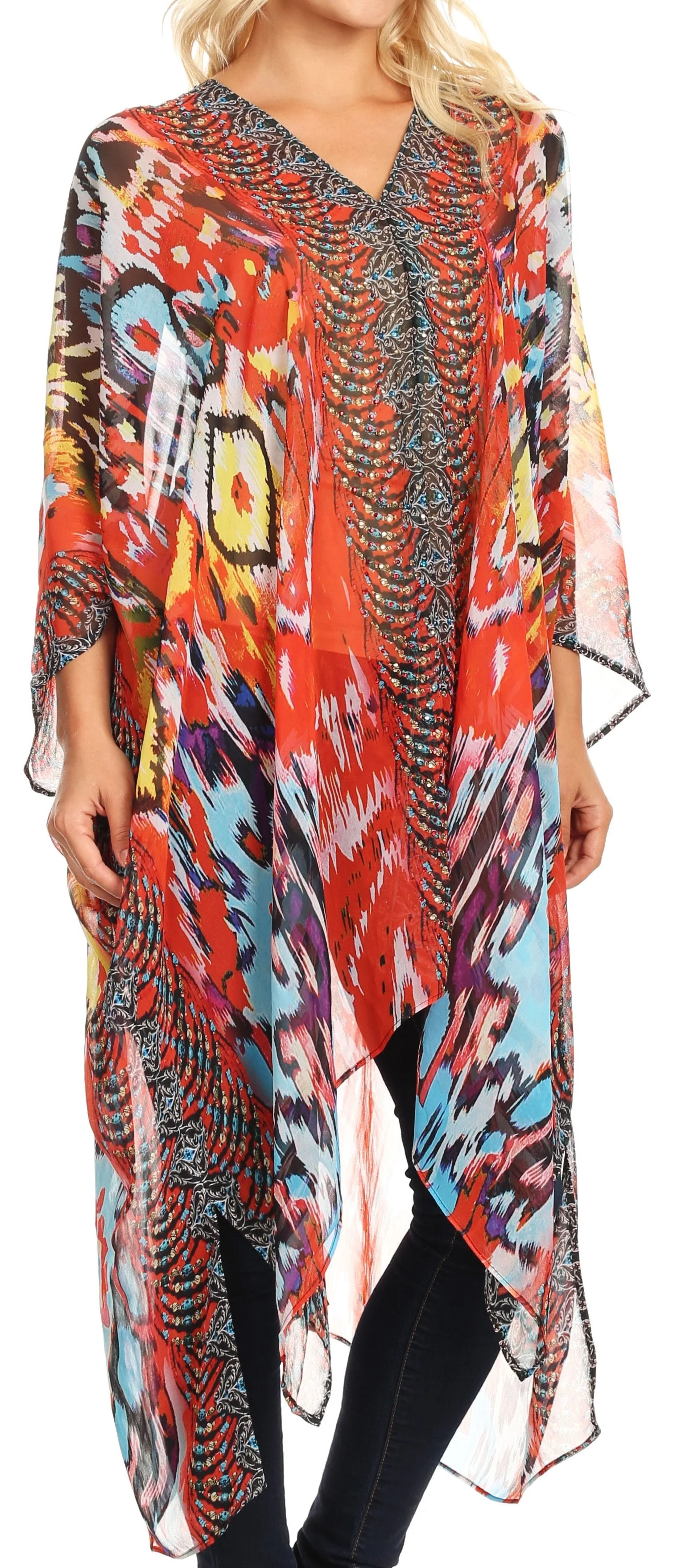 Sakkas Livi Women's V Neck Beach Dress Cover up Caftan Top Loose with Rhinestone - Image 18
