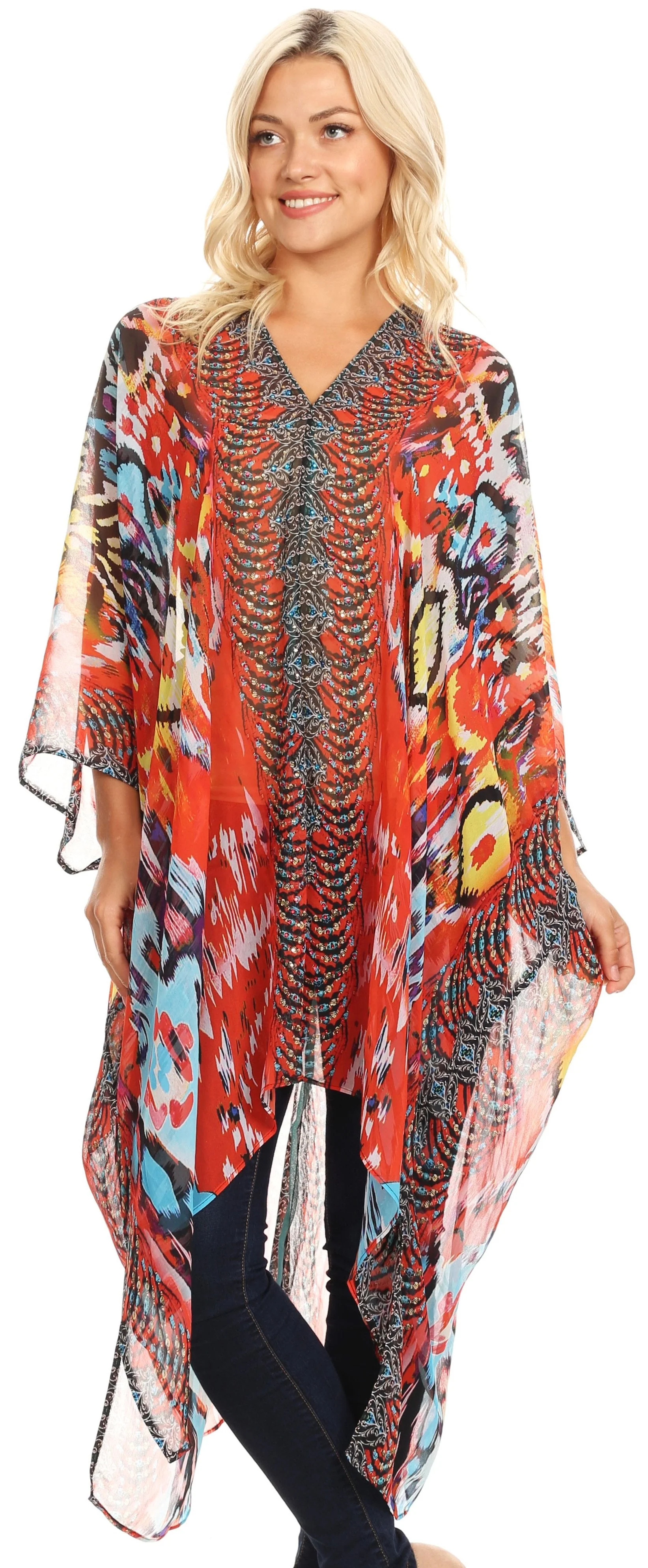 Sakkas Livi Women's V Neck Beach Dress Cover up Caftan Top Loose with Rhinestone - Image 20