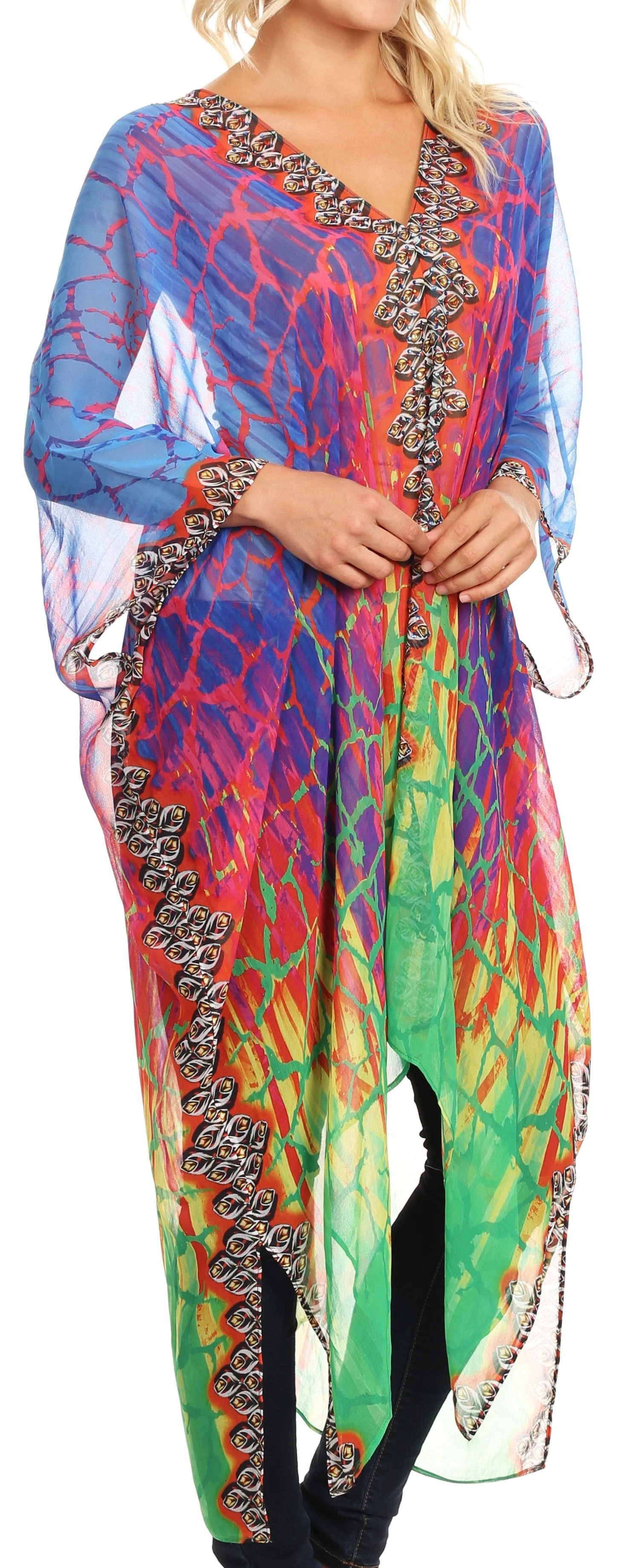 Sakkas Livi Women's V Neck Beach Dress Cover up Caftan Top Loose with Rhinestone - Image 24
