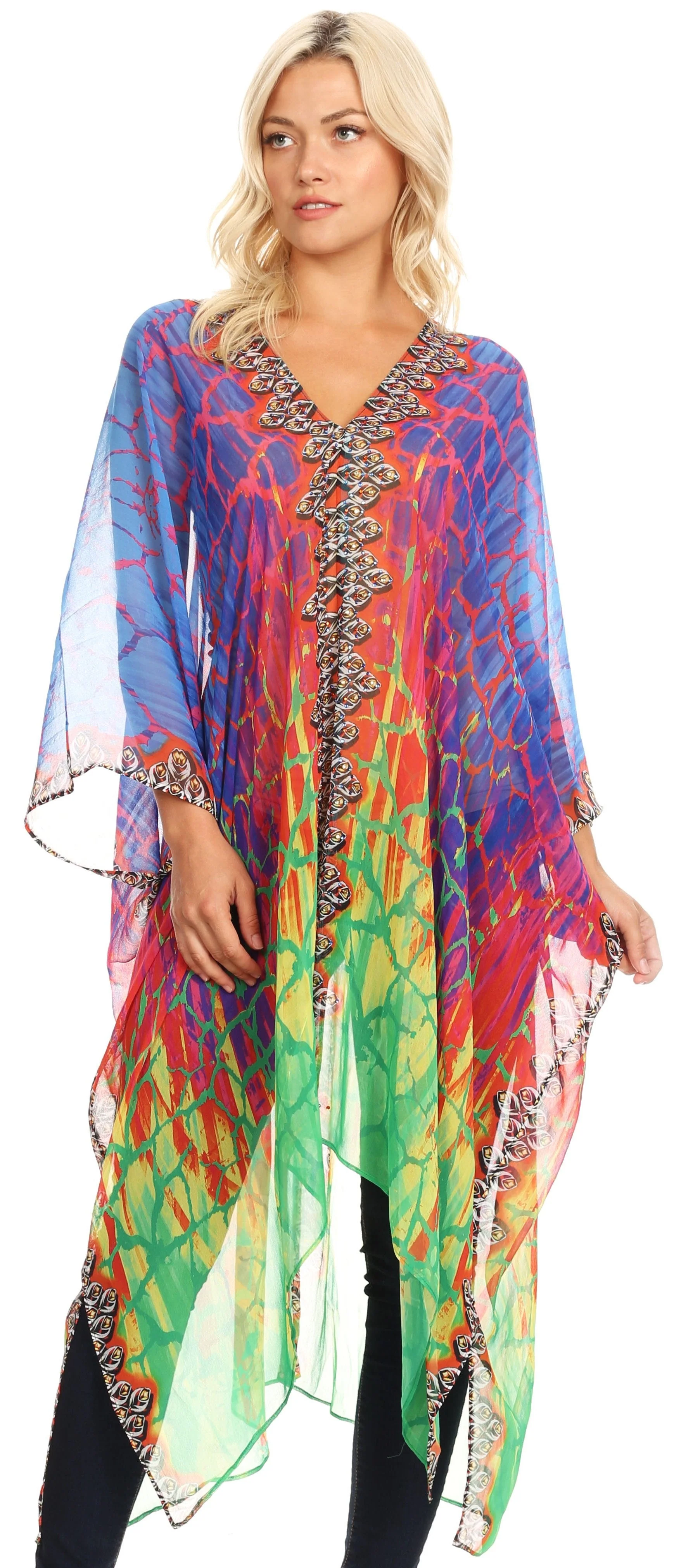 Sakkas Livi Women's V Neck Beach Dress Cover up Caftan Top Loose with Rhinestone - Image 25
