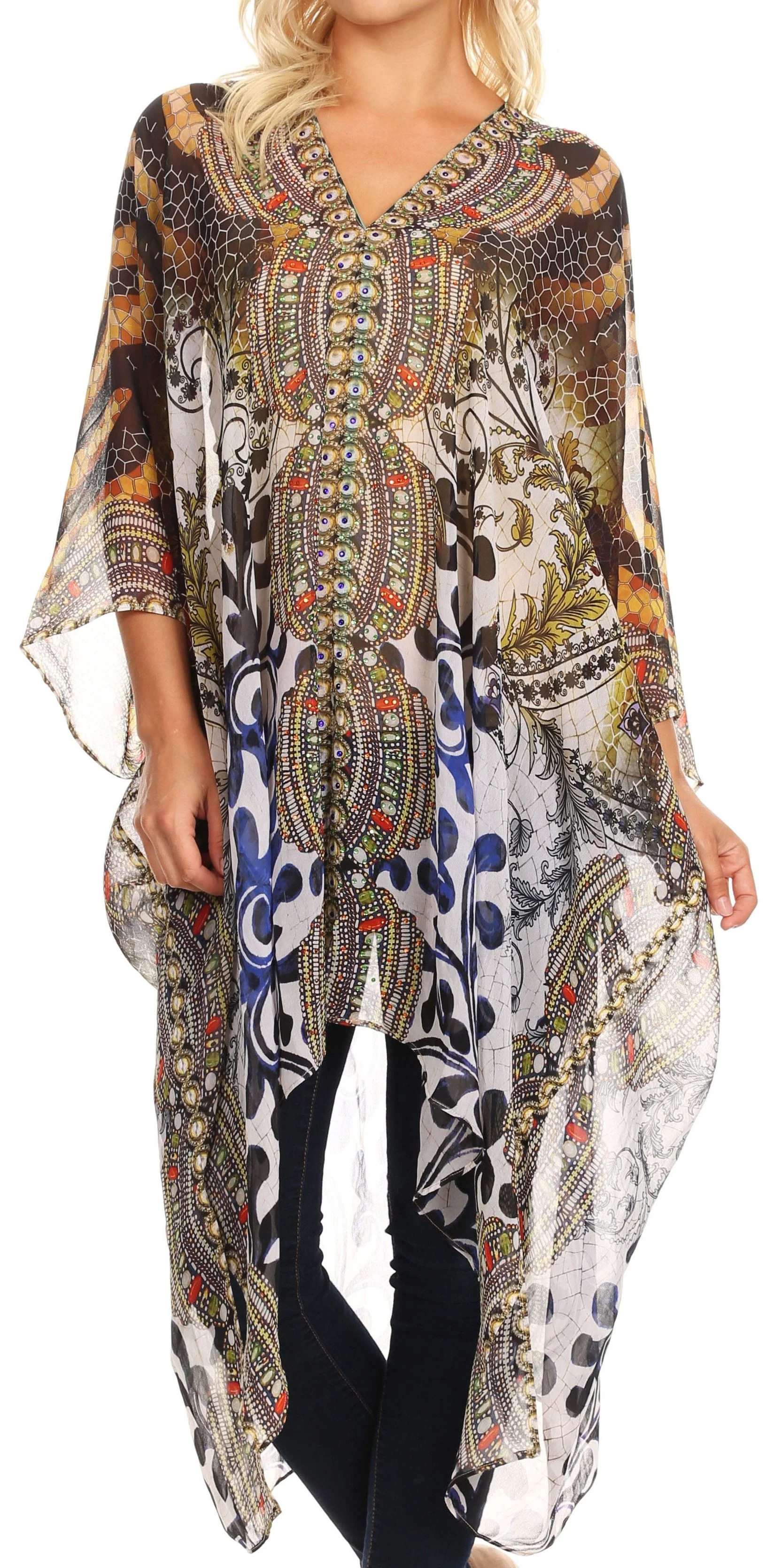 Sakkas Livi Women's V Neck Beach Dress Cover up Caftan Top Loose with Rhinestone - Image 26